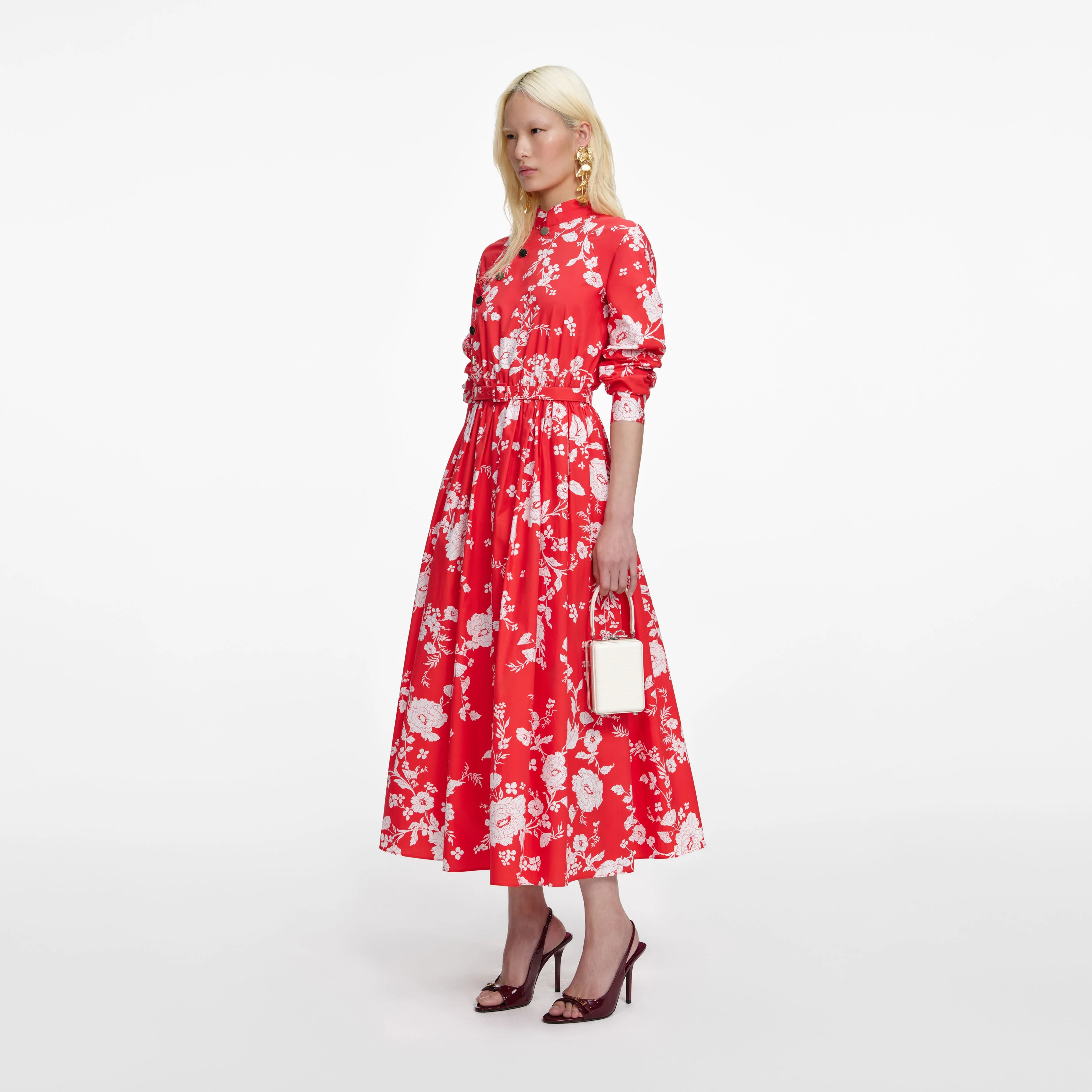 Red Floral Cotton Midi Dress - Image 2