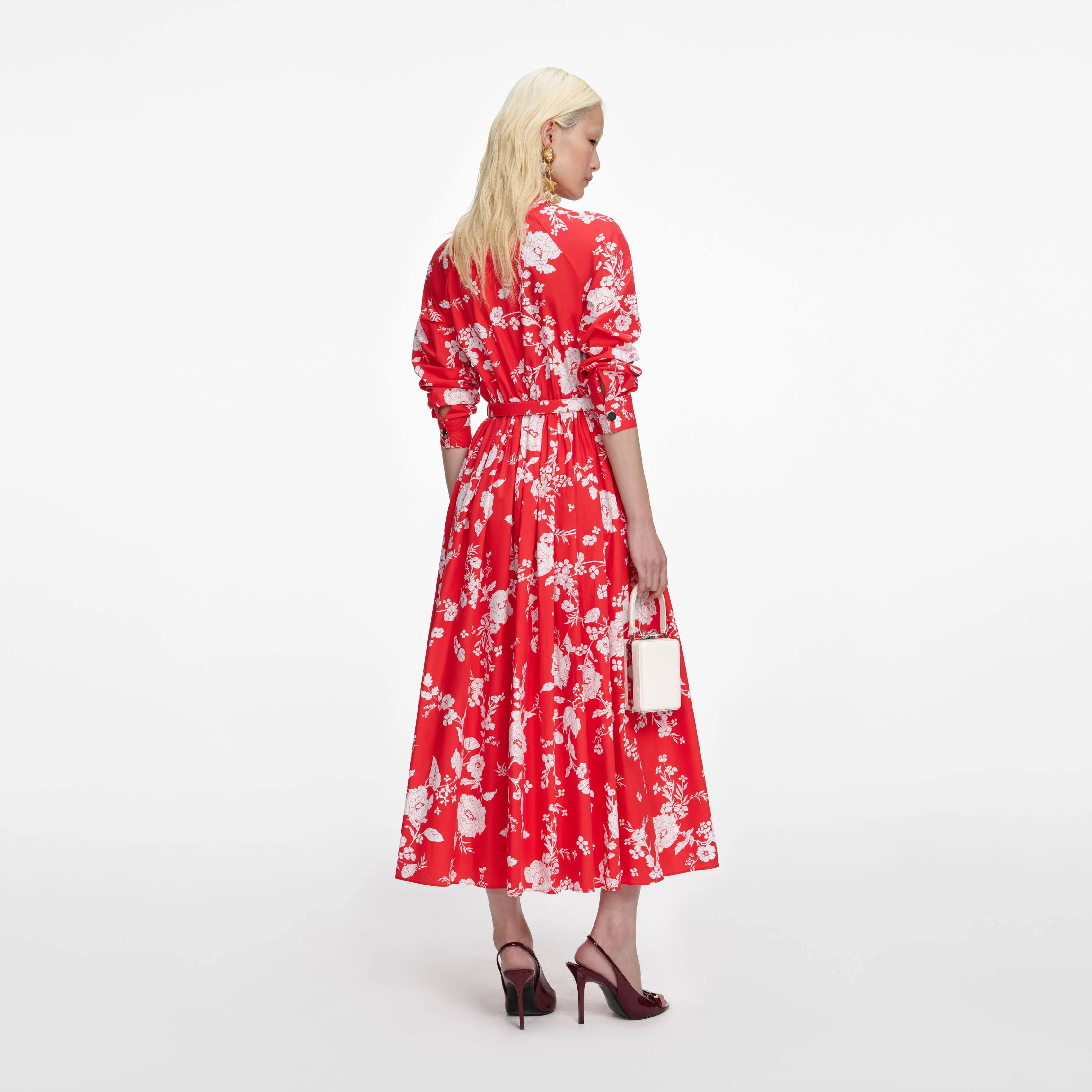 Red Floral Cotton Midi Dress - Image 3