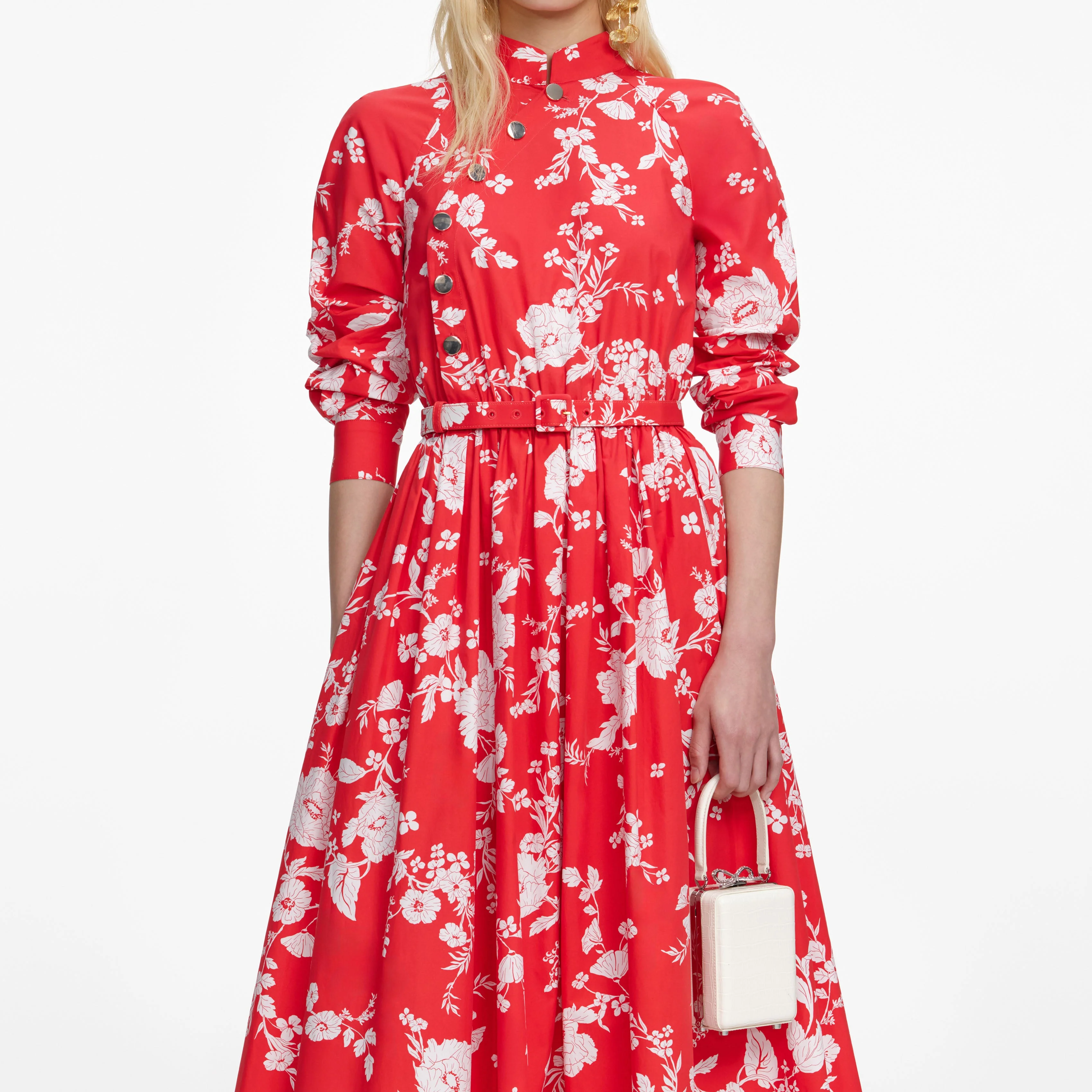 Red Floral Cotton Midi Dress - Image 4