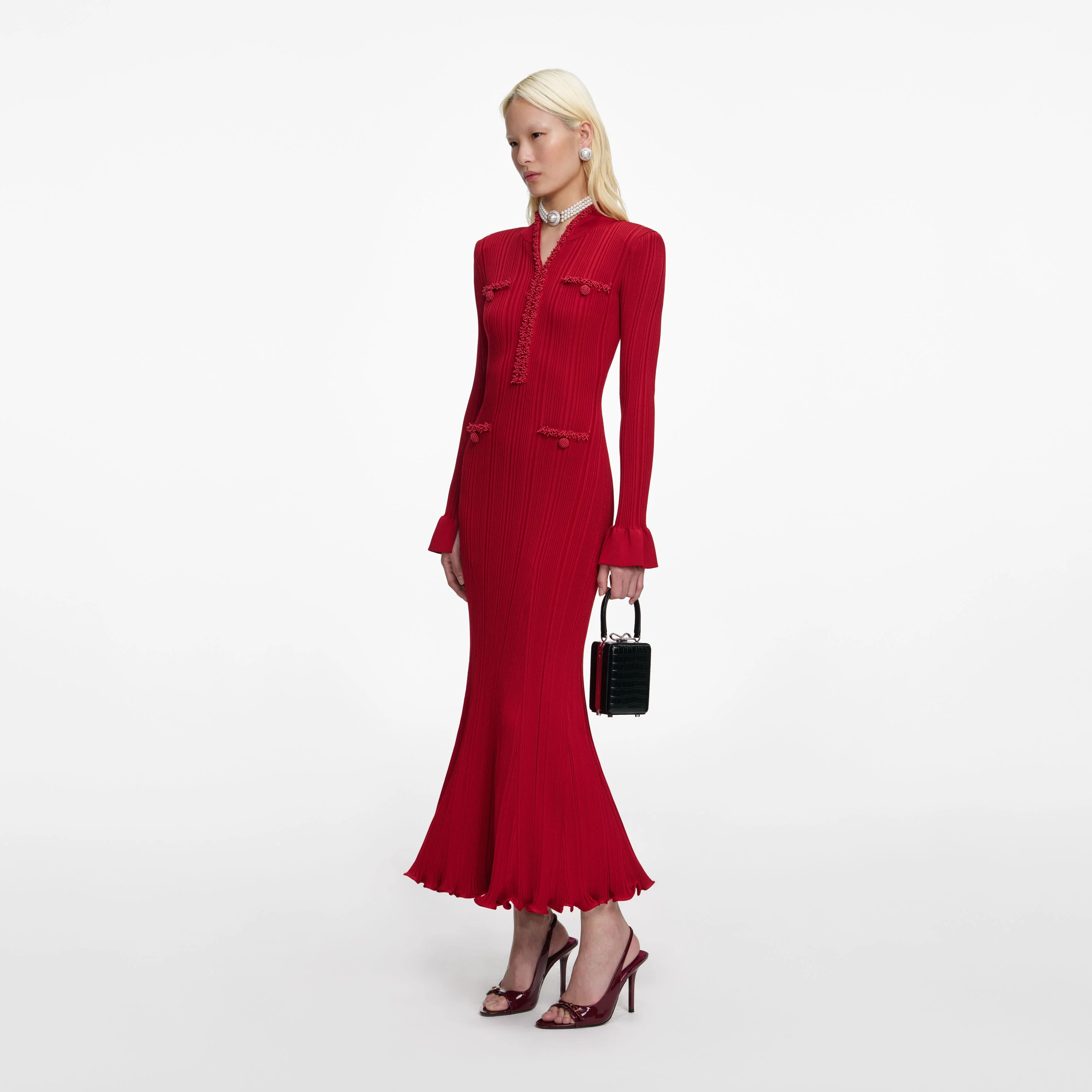 Red Pearl Trim Knit Midi Dress - Image 2