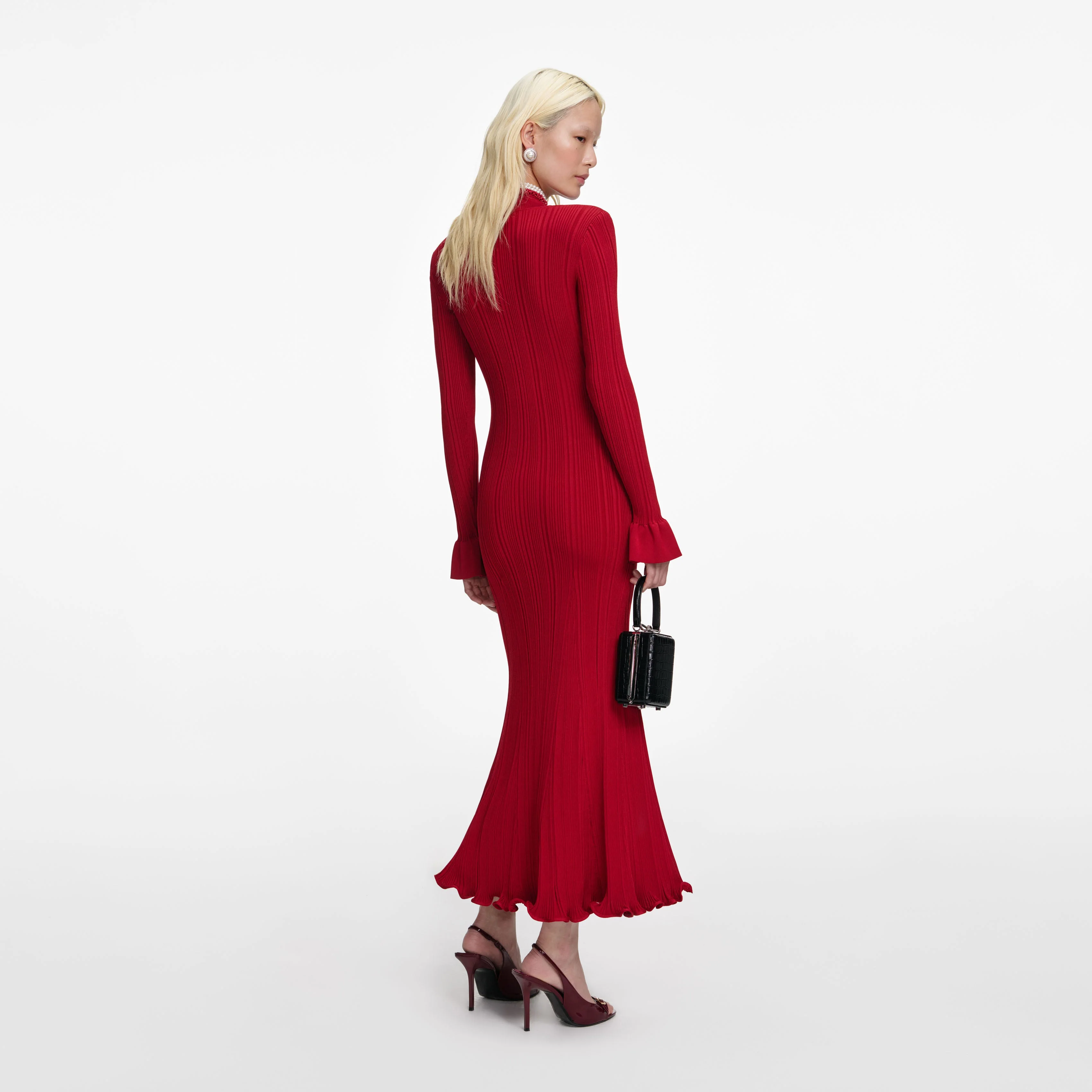 Red Pearl Trim Knit Midi Dress - Image 3