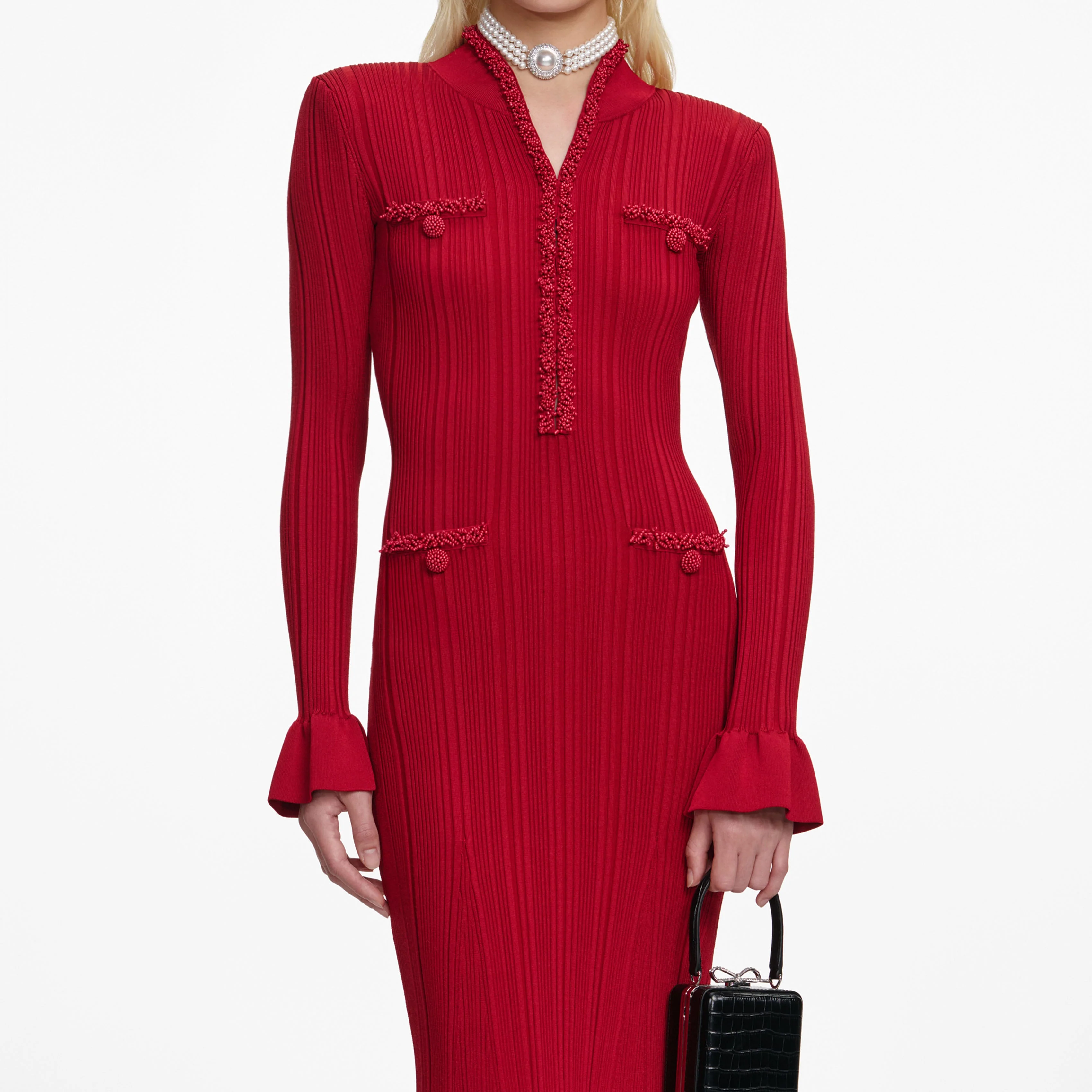 Red Pearl Trim Knit Midi Dress - Image 4