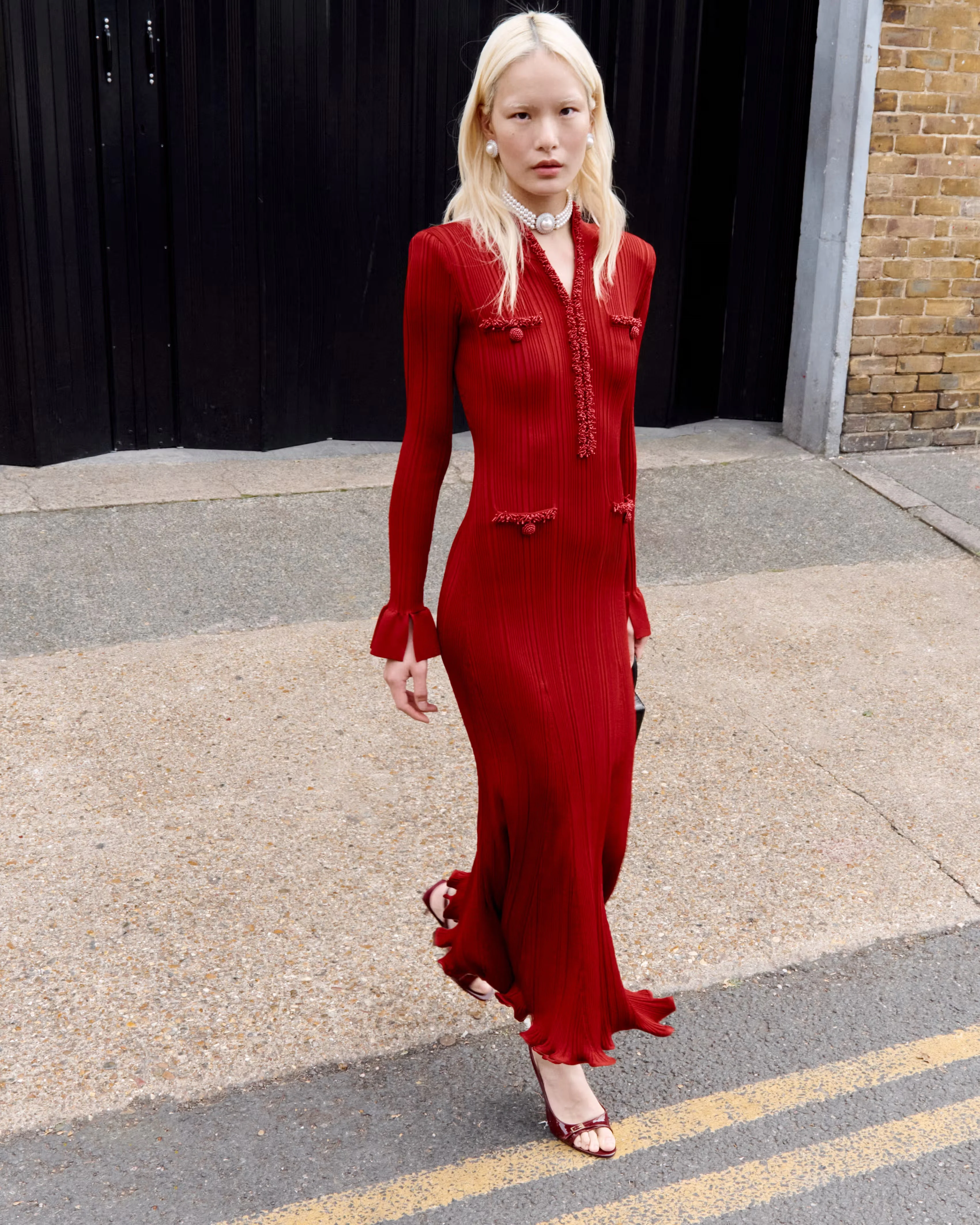 Red Pearl Trim Knit Midi Dress - Image 6