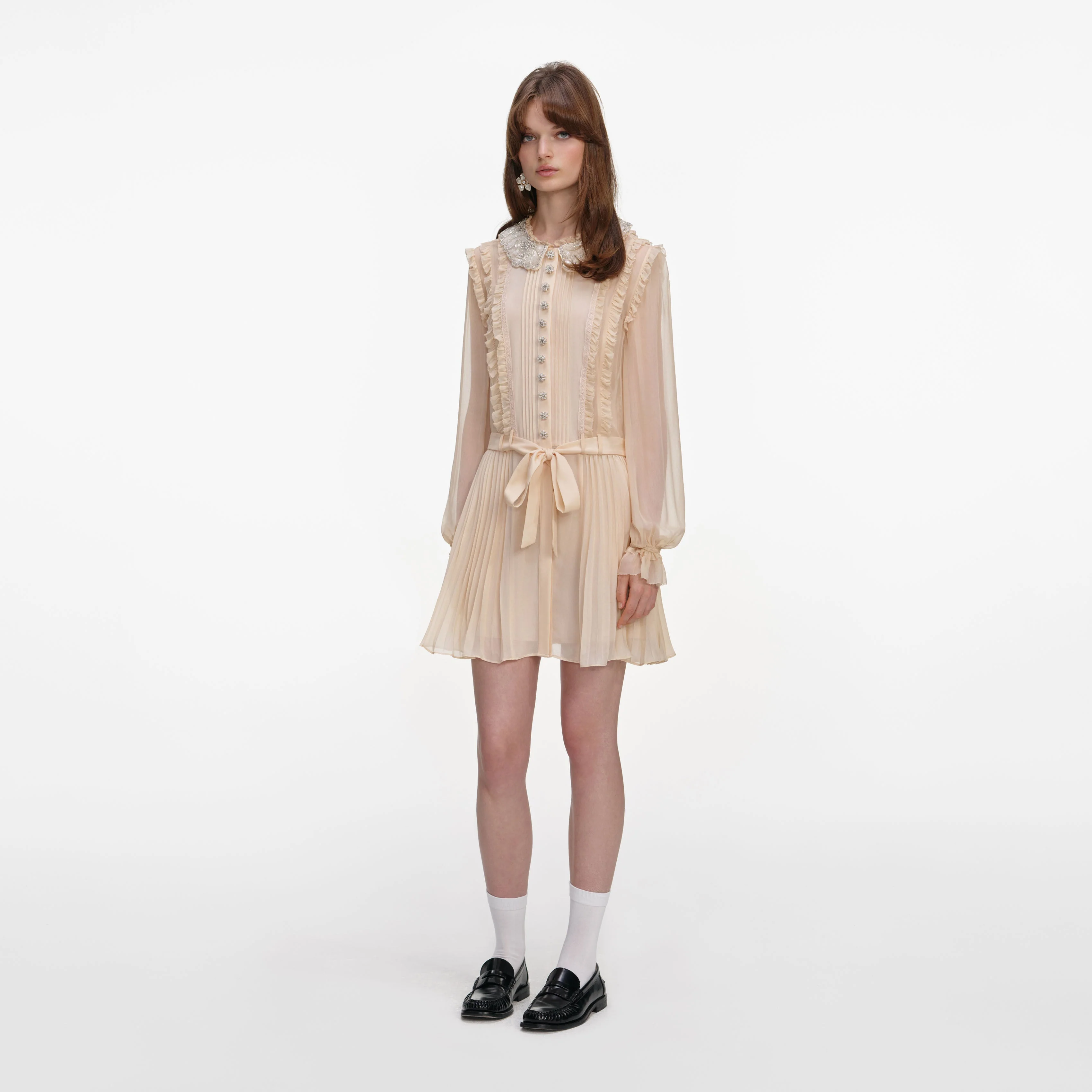 Tan Pleated Georgette Mini Dress - Image 2