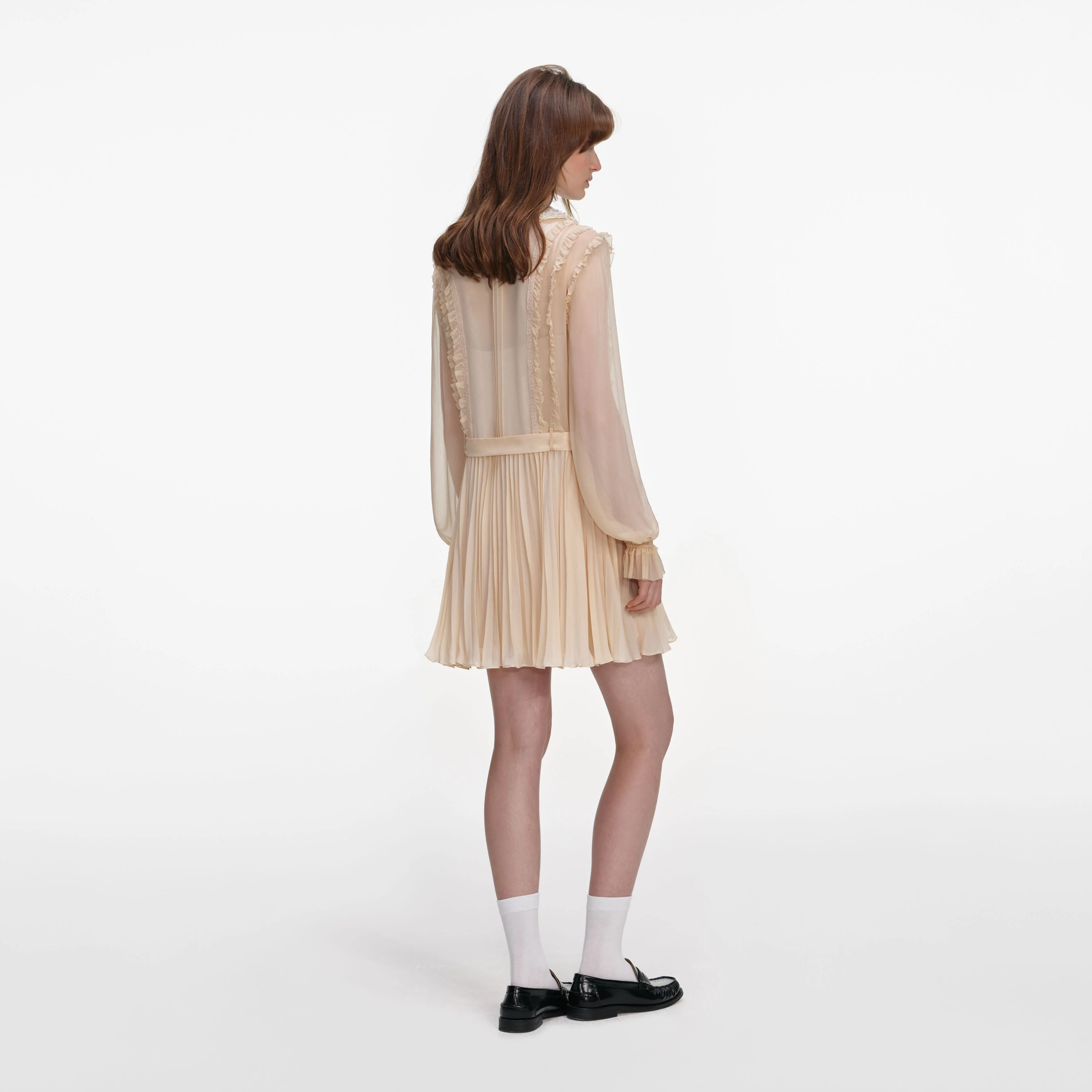 Tan Pleated Georgette Mini Dress - Image 3