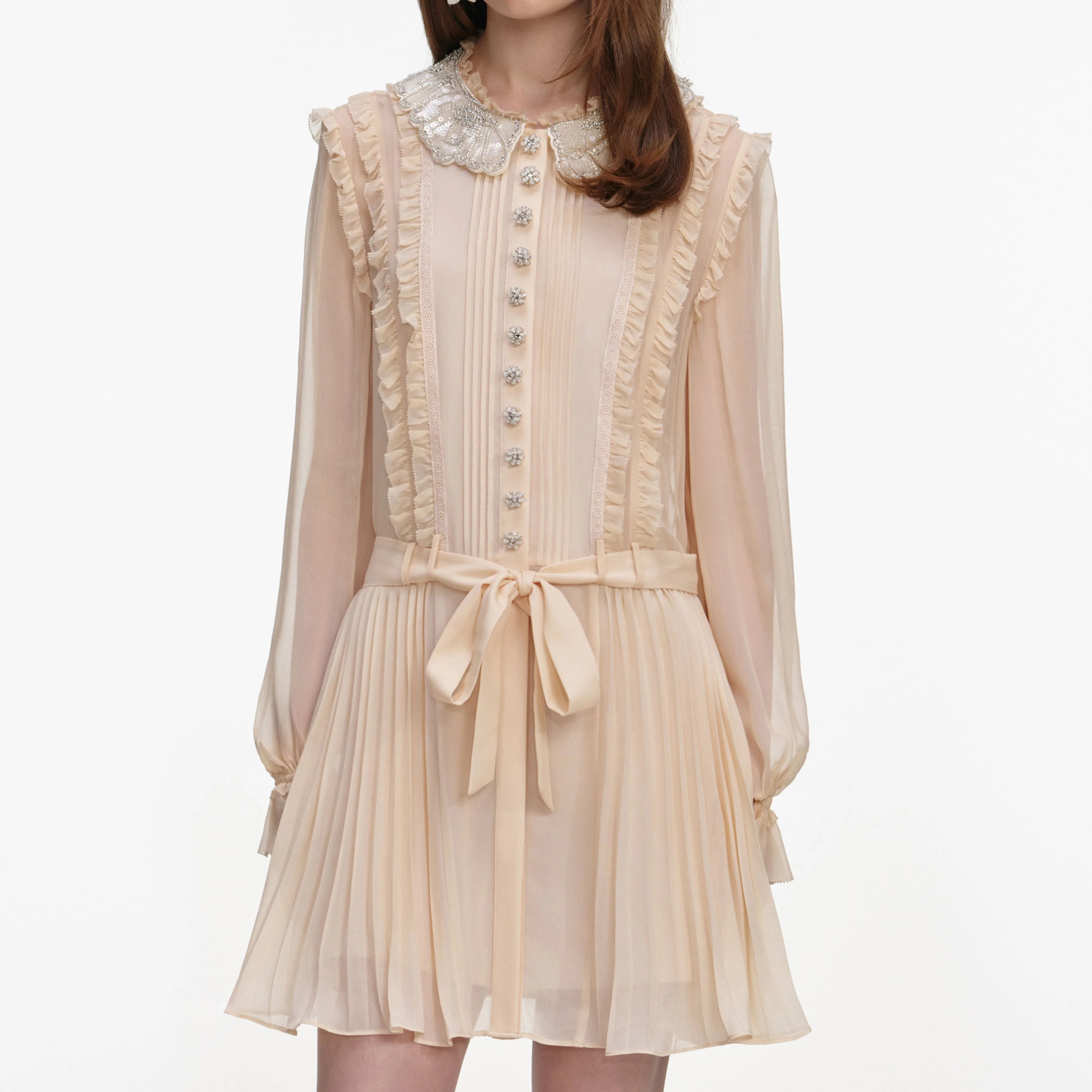 Tan Pleated Georgette Mini Dress - Image 4