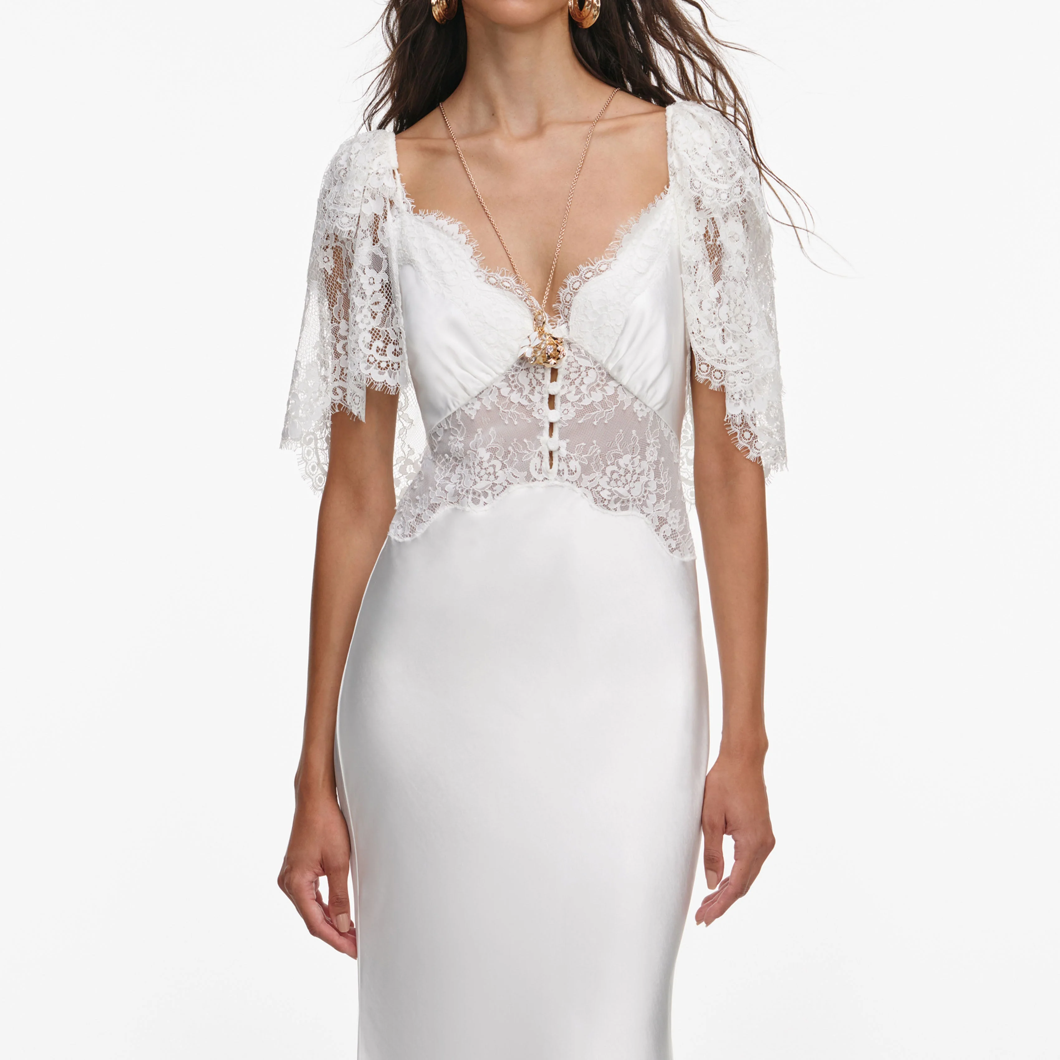 White Fine Lace Satin Maxi Dress - Image 4