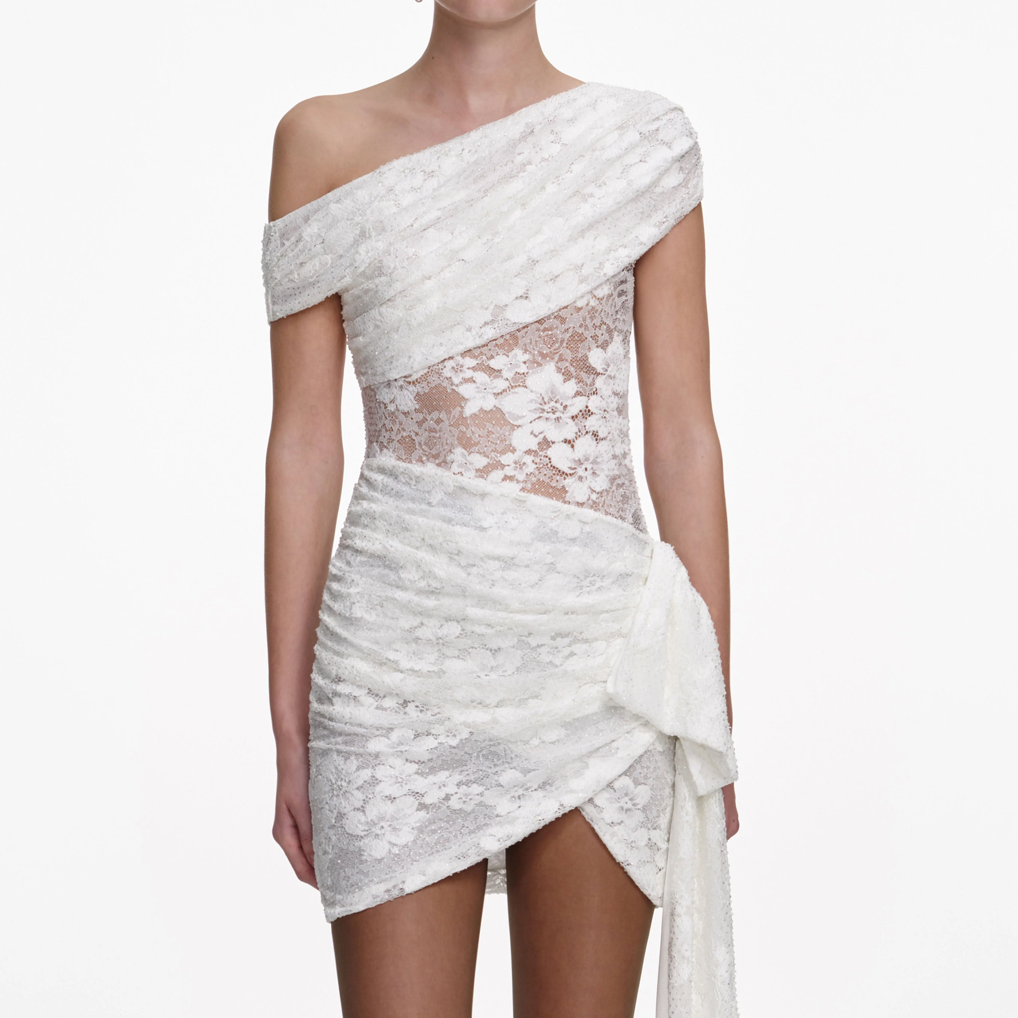 White Rhinestone Lace Tie Side Mini Dress - Image 4
