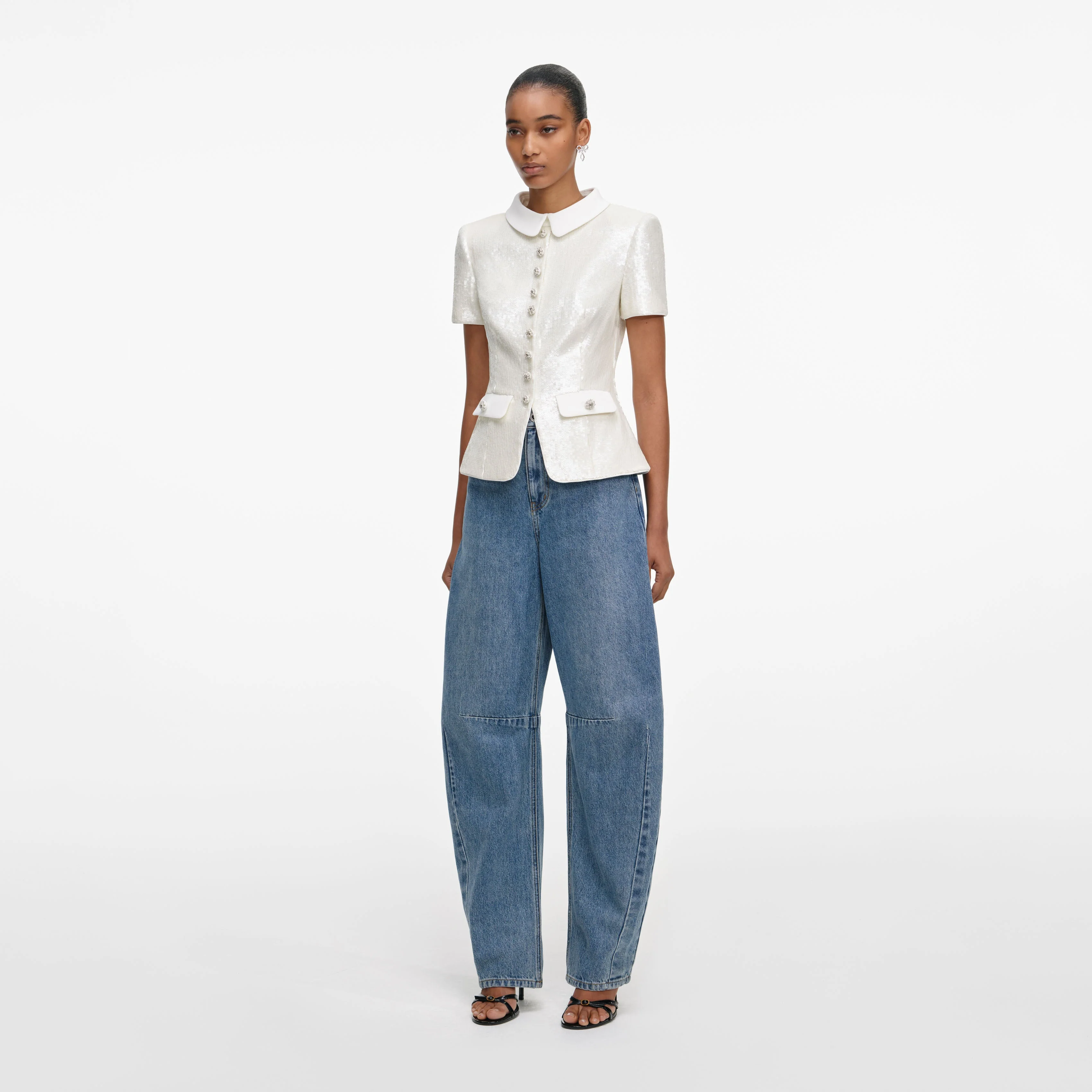 White Sequin Tailored Top - Image 2
