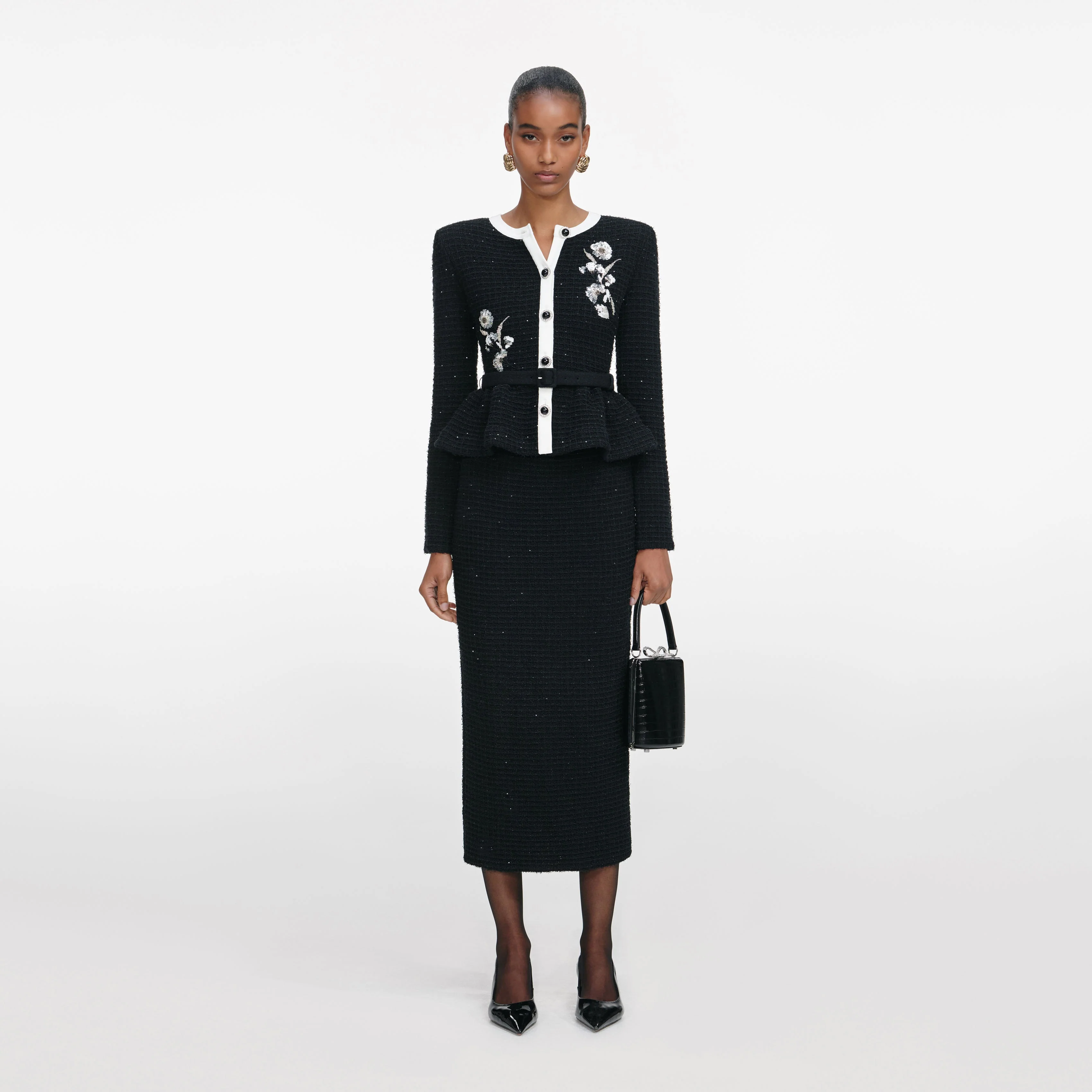 Black Floral Textured Knit Midi Dress