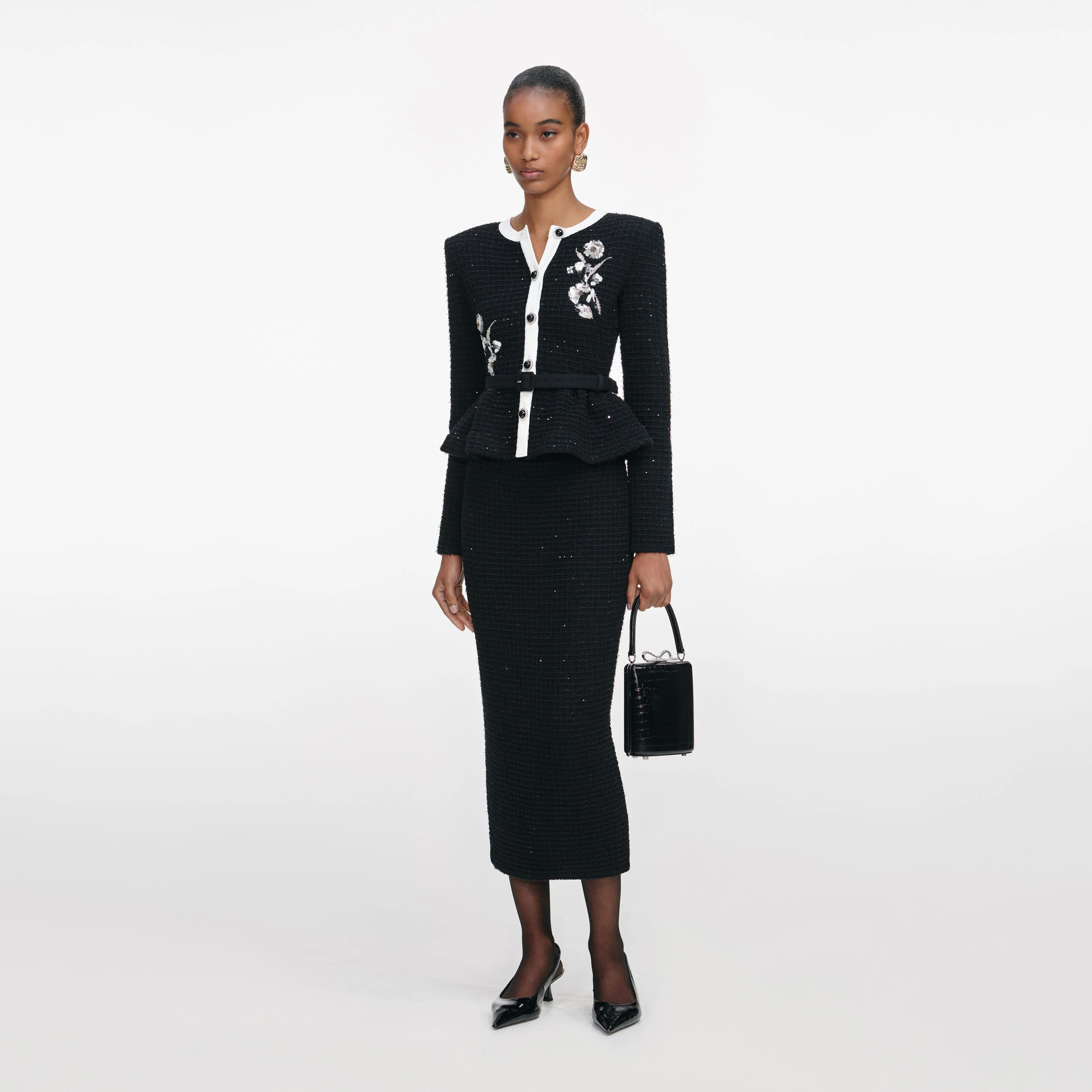 Black Floral Textured Knit Midi Dress - Image 2