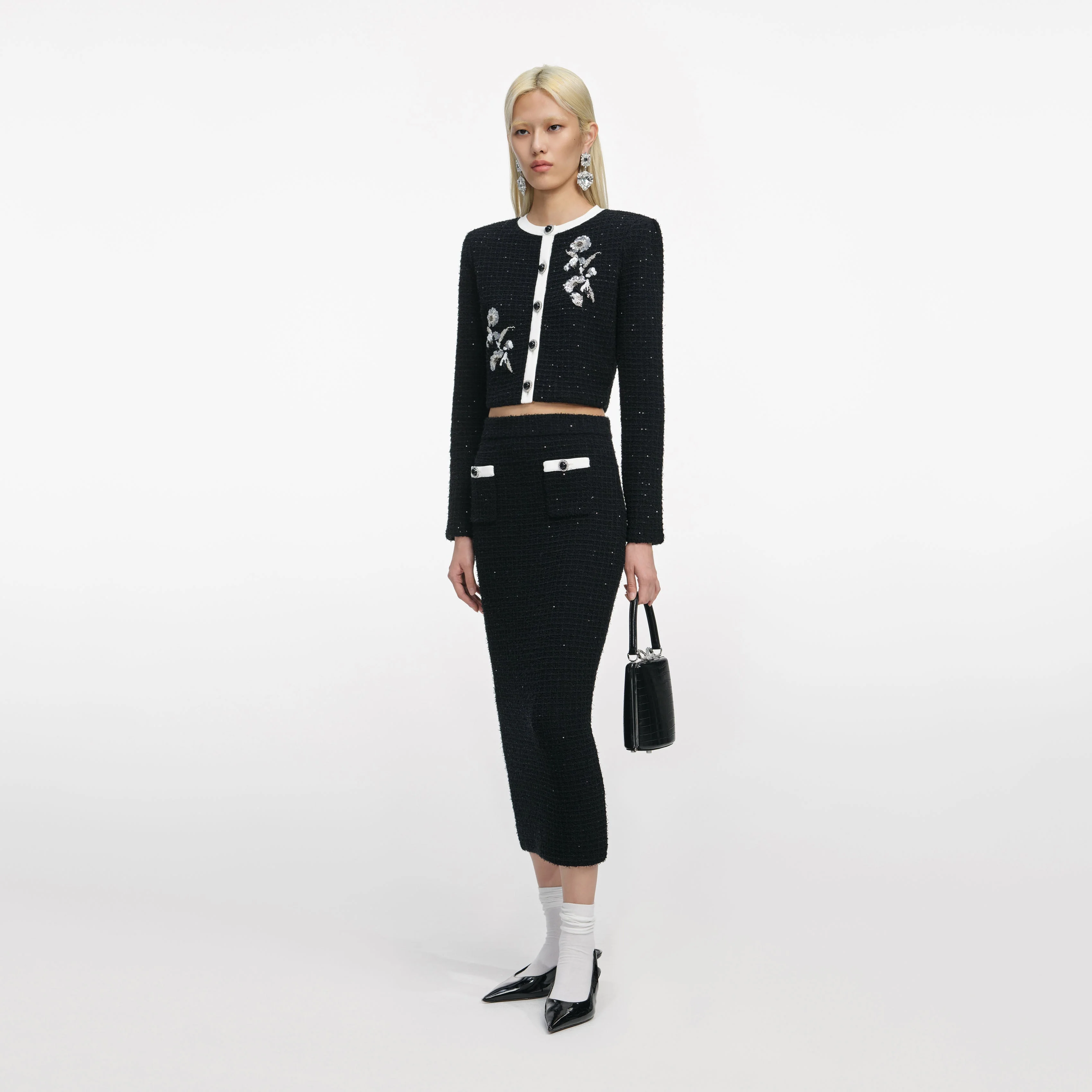 Black Textured Knit Midi Skirt - Image 2