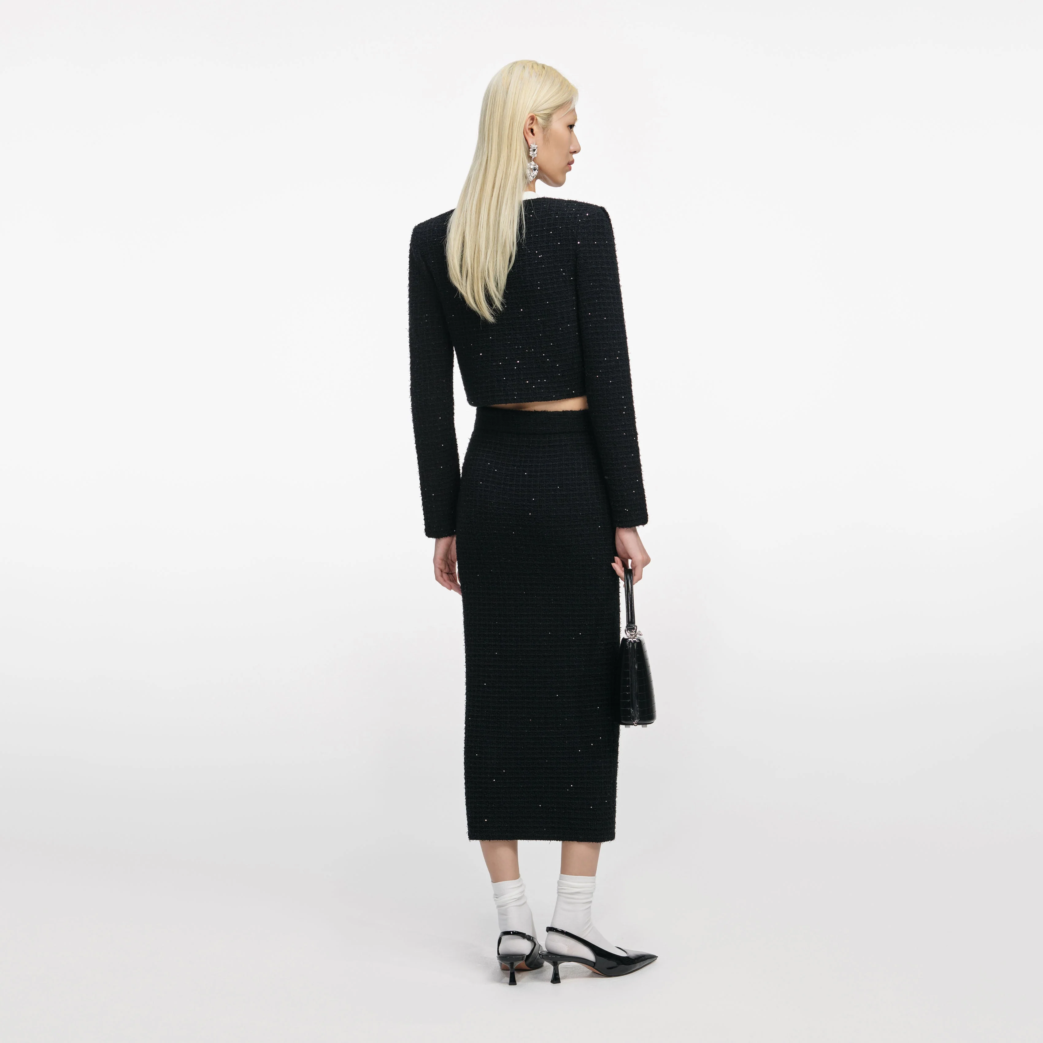 Black Textured Knit Midi Skirt - Image 3