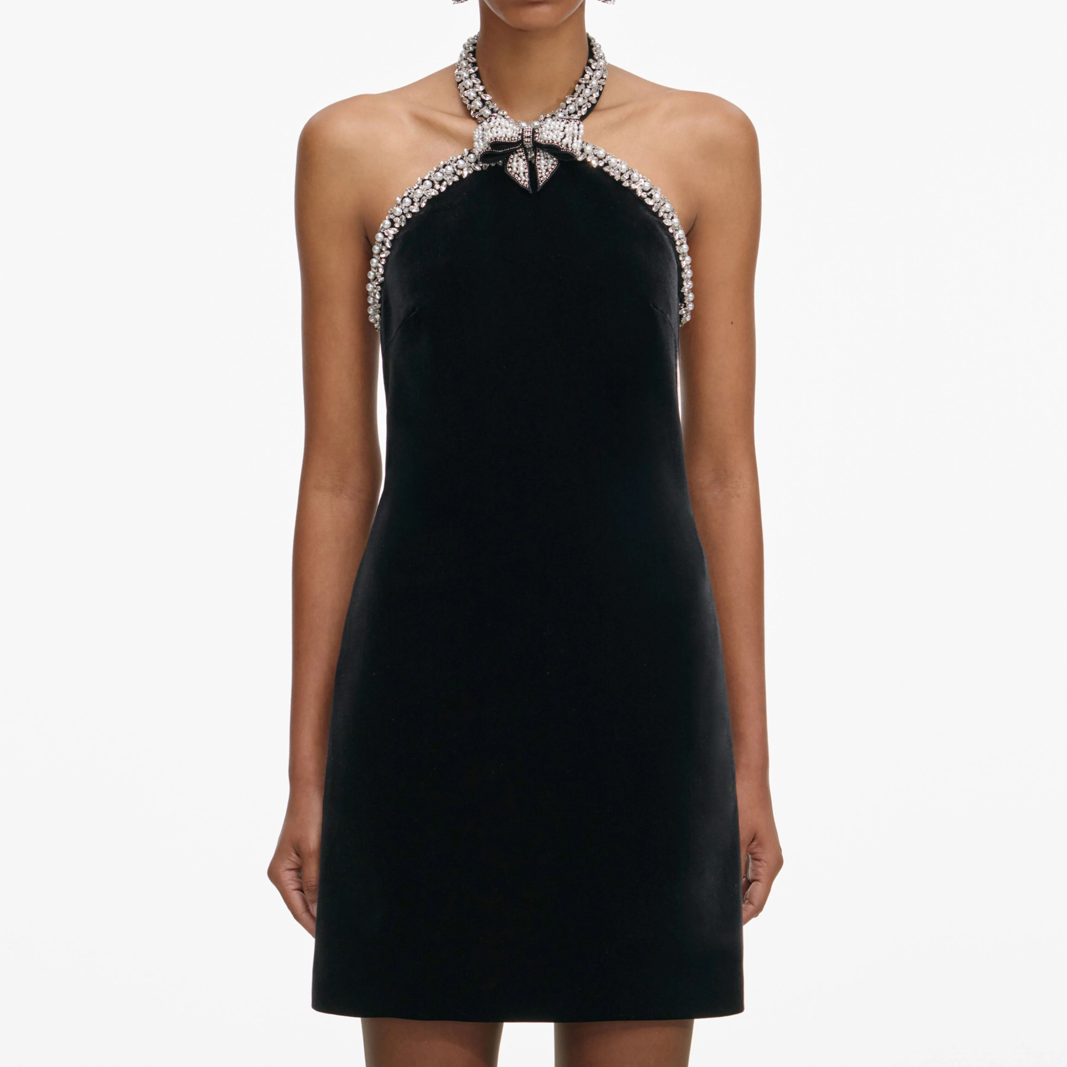 Black Velvet Crystal Trim Mini Dress - Image 4