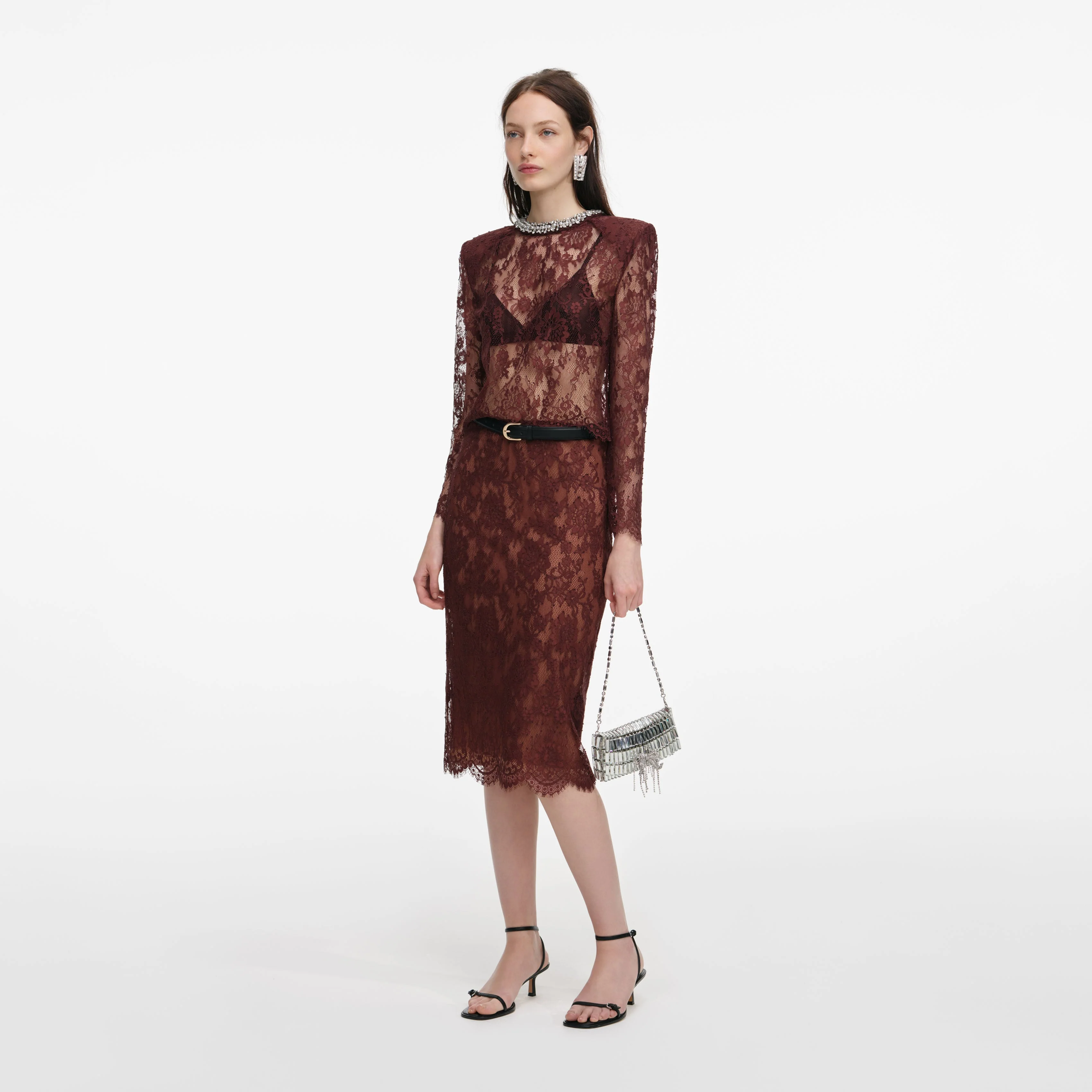 Brown Floral Lace Midi Skirt - Image 2