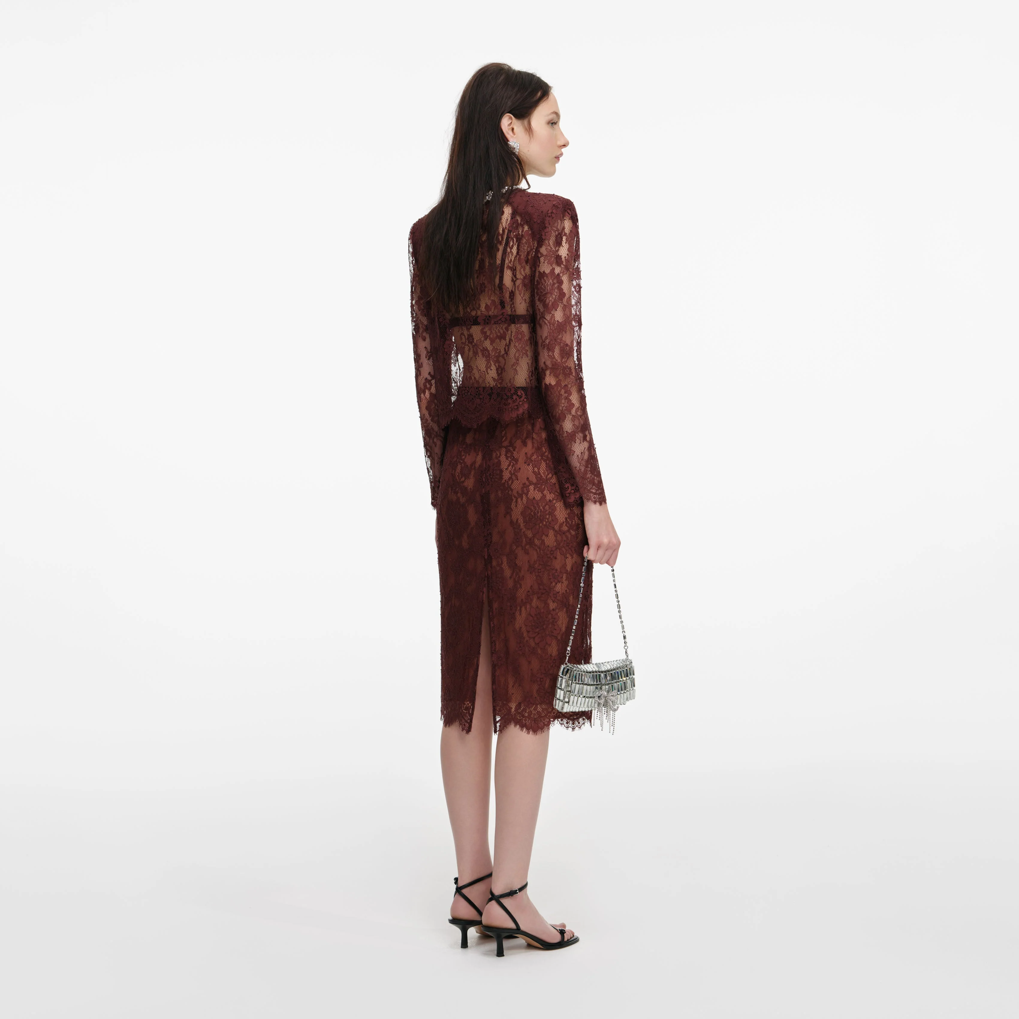 Brown Floral Lace Midi Skirt - Image 3