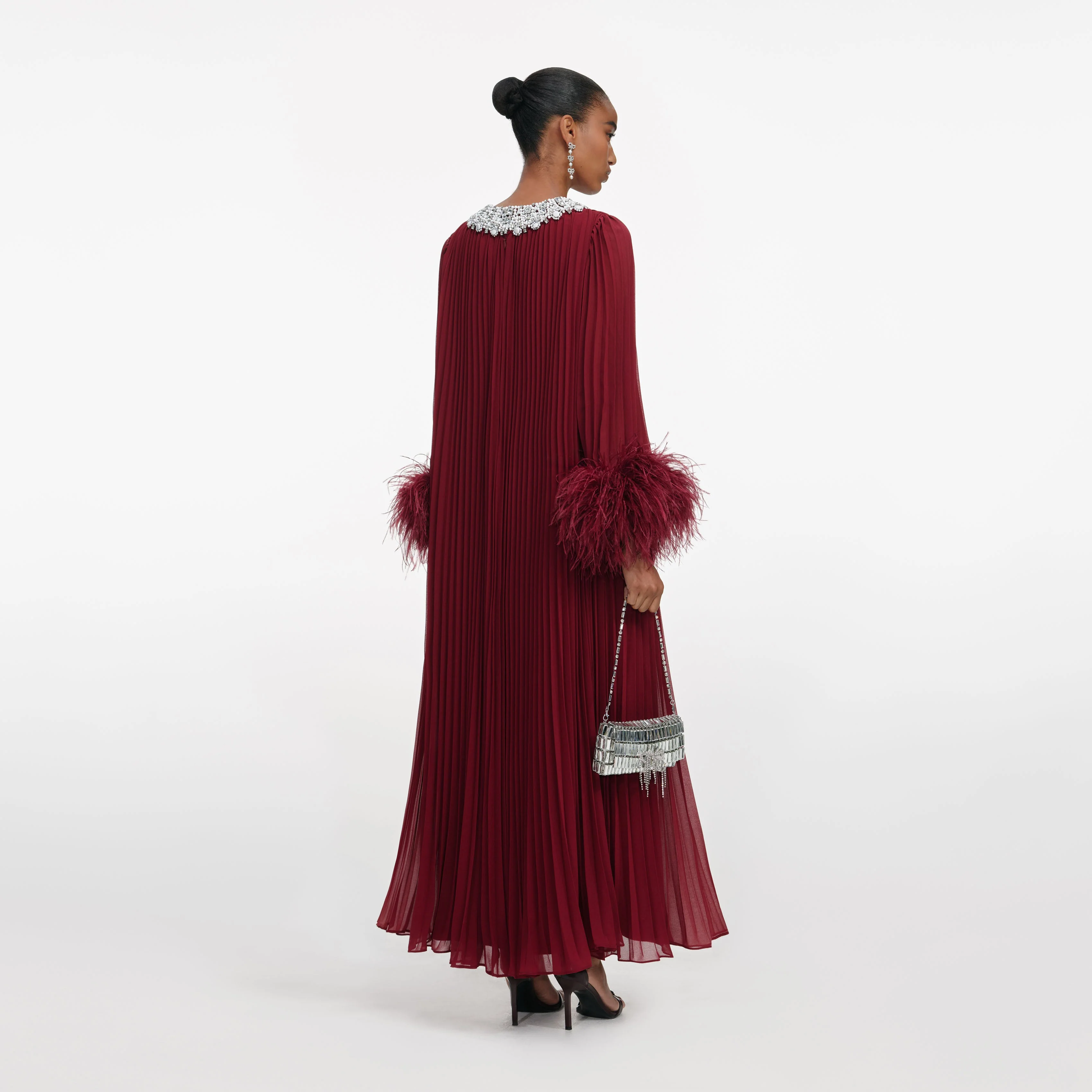 Burgundy Chiffon Feather Midi Dress - Image 3