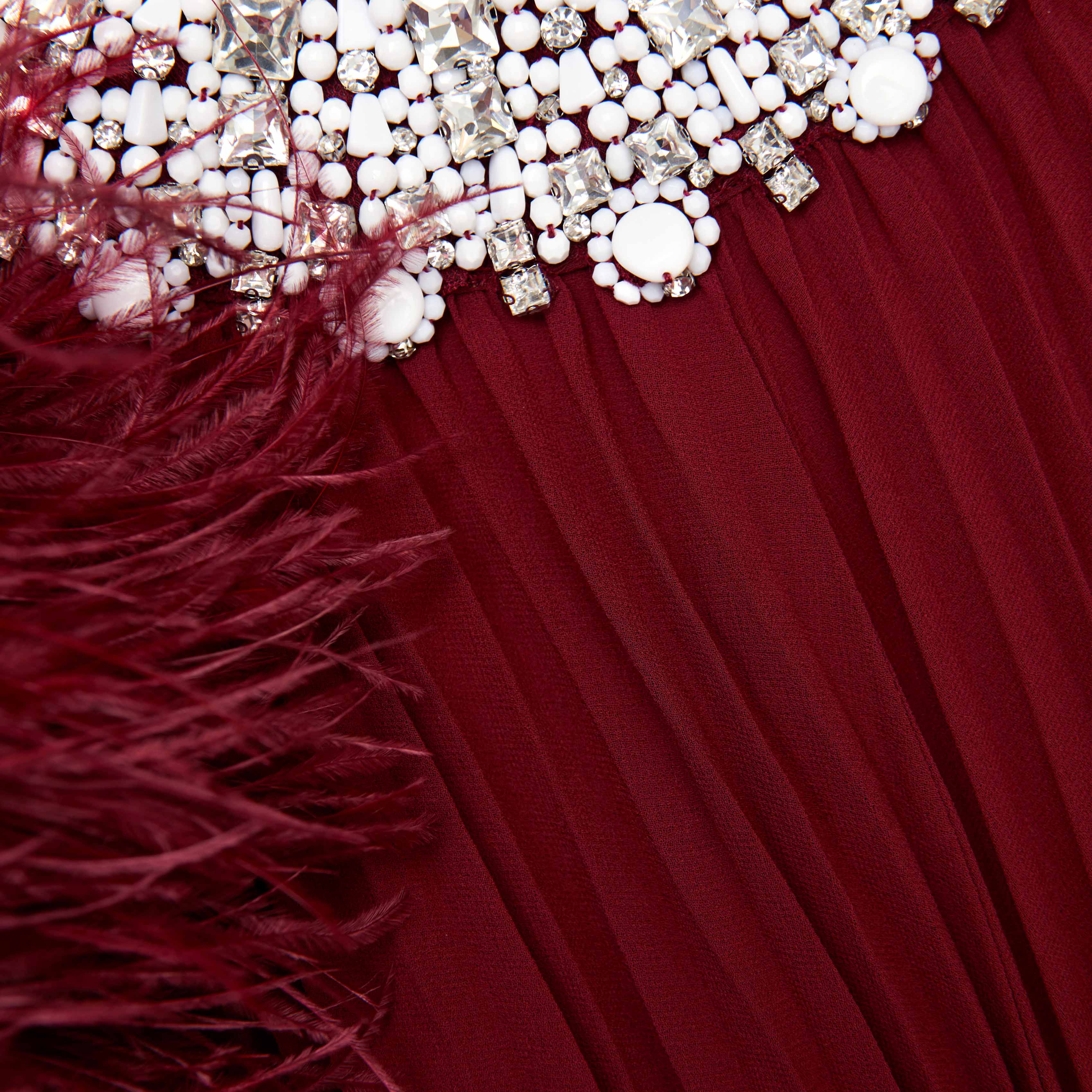 Burgundy Chiffon Feather Midi Dress - Image 5