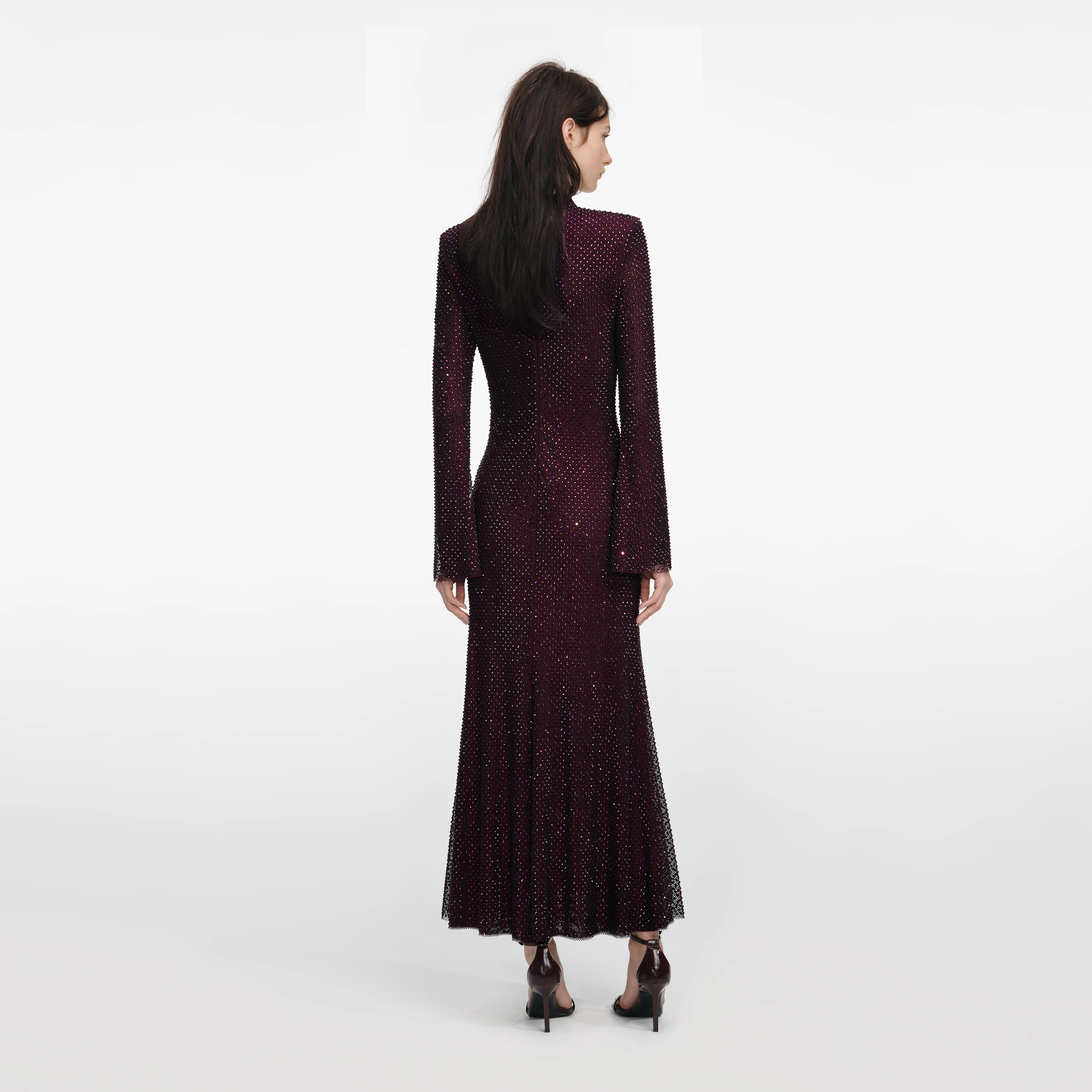 Burgundy Rhinestone Fishnet Midi Dress - Image 3