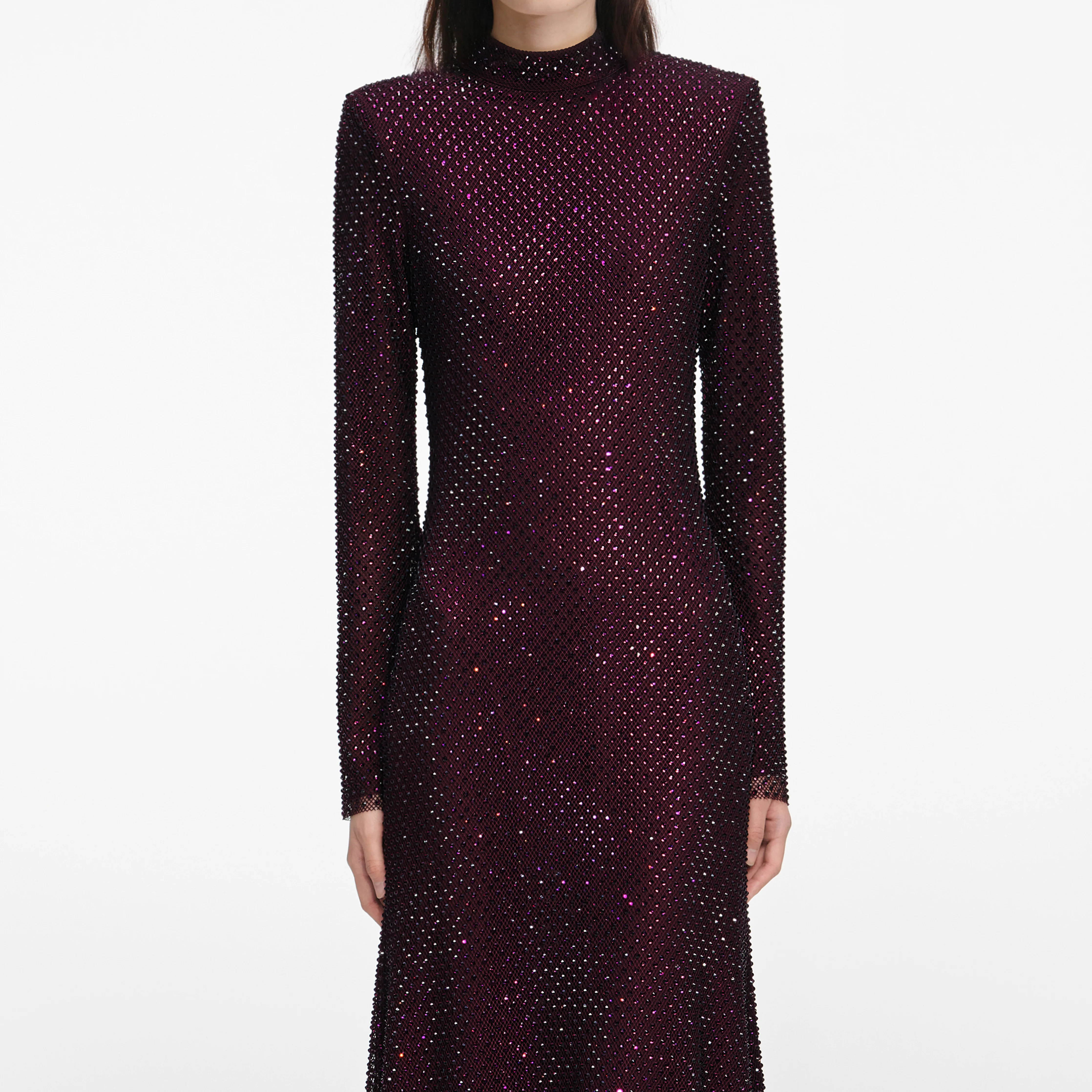 Burgundy Rhinestone Fishnet Midi Dress - Image 4