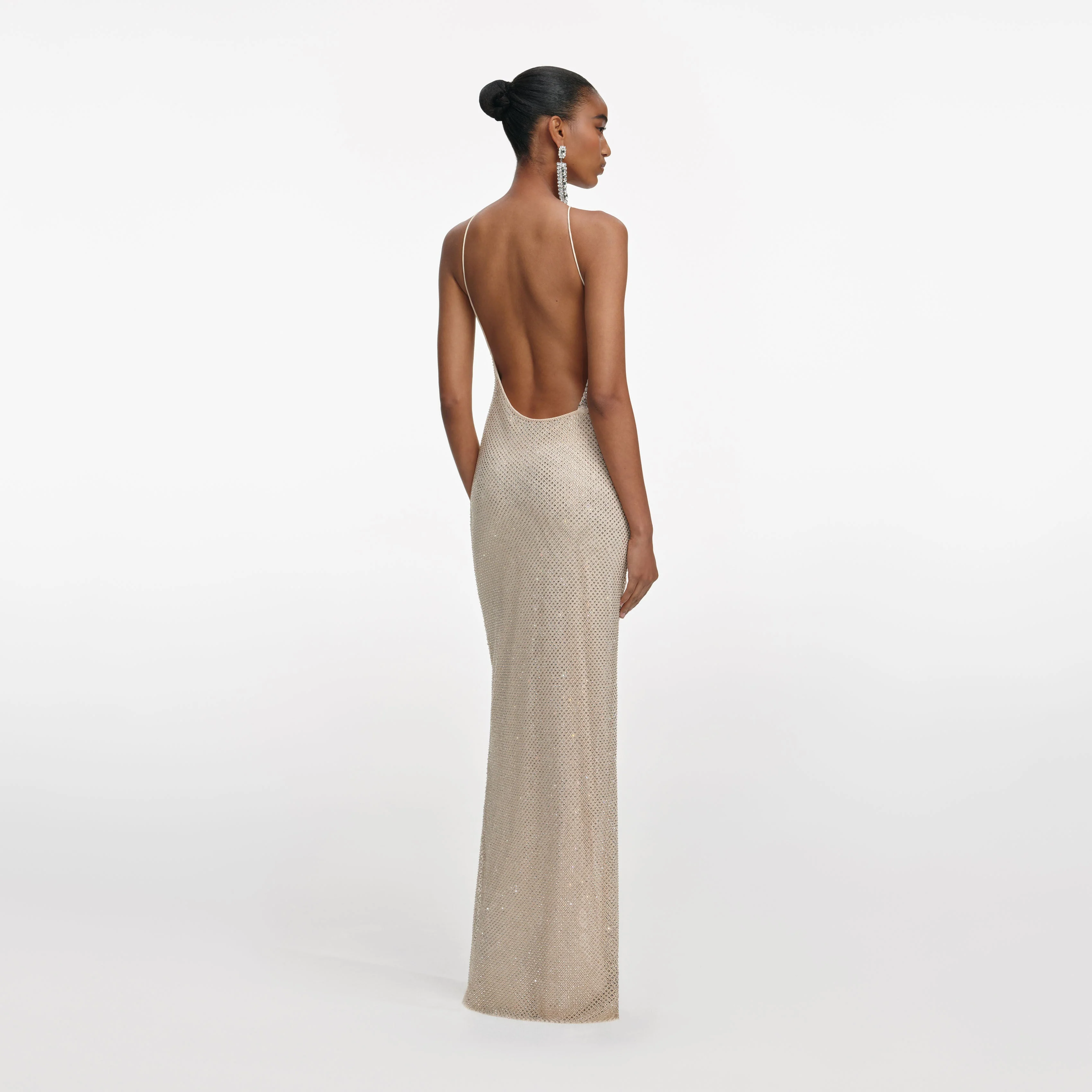 Champagne Rhinestone Lace Trim Maxi Dress - Image 3