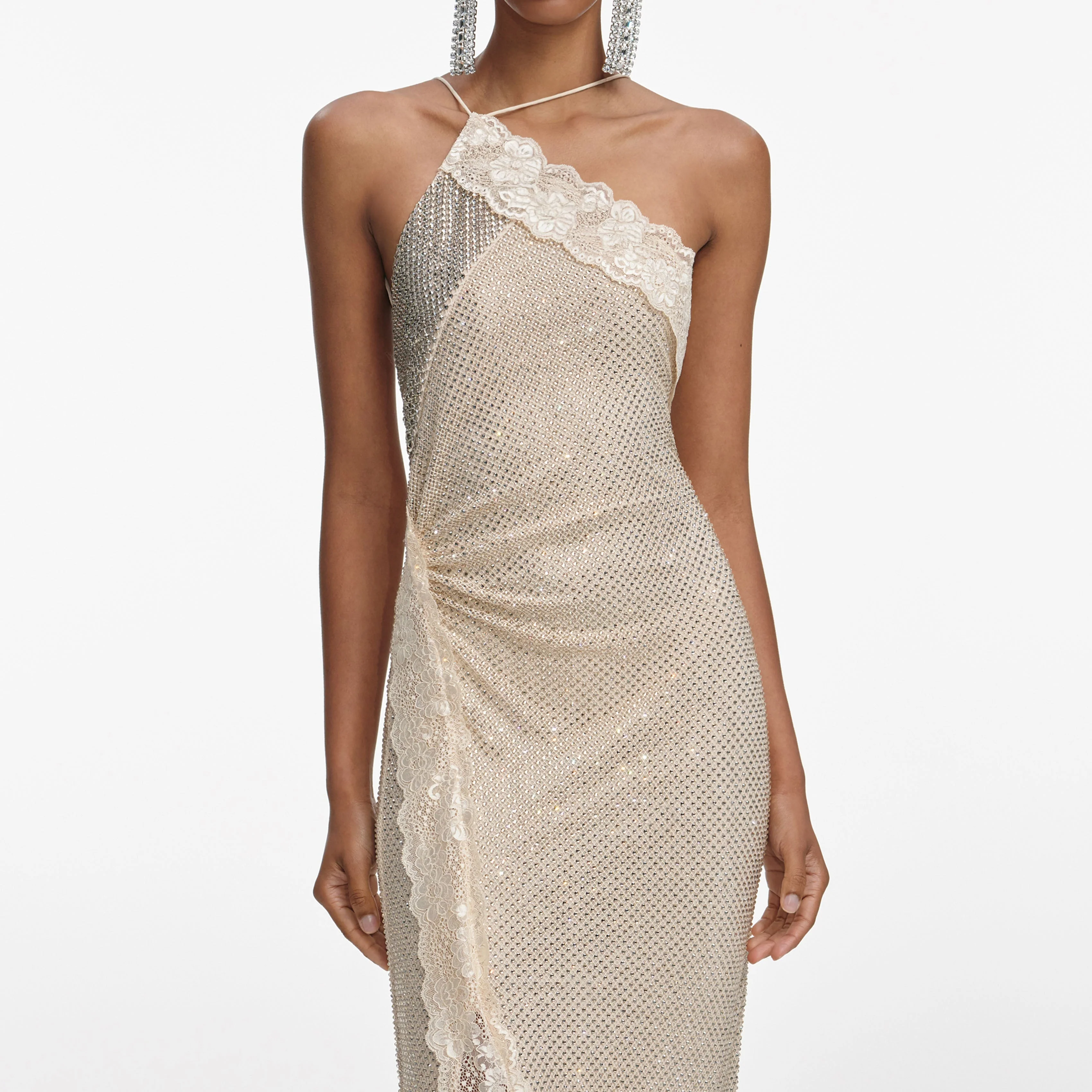Champagne Rhinestone Lace Trim Maxi Dress - Image 4