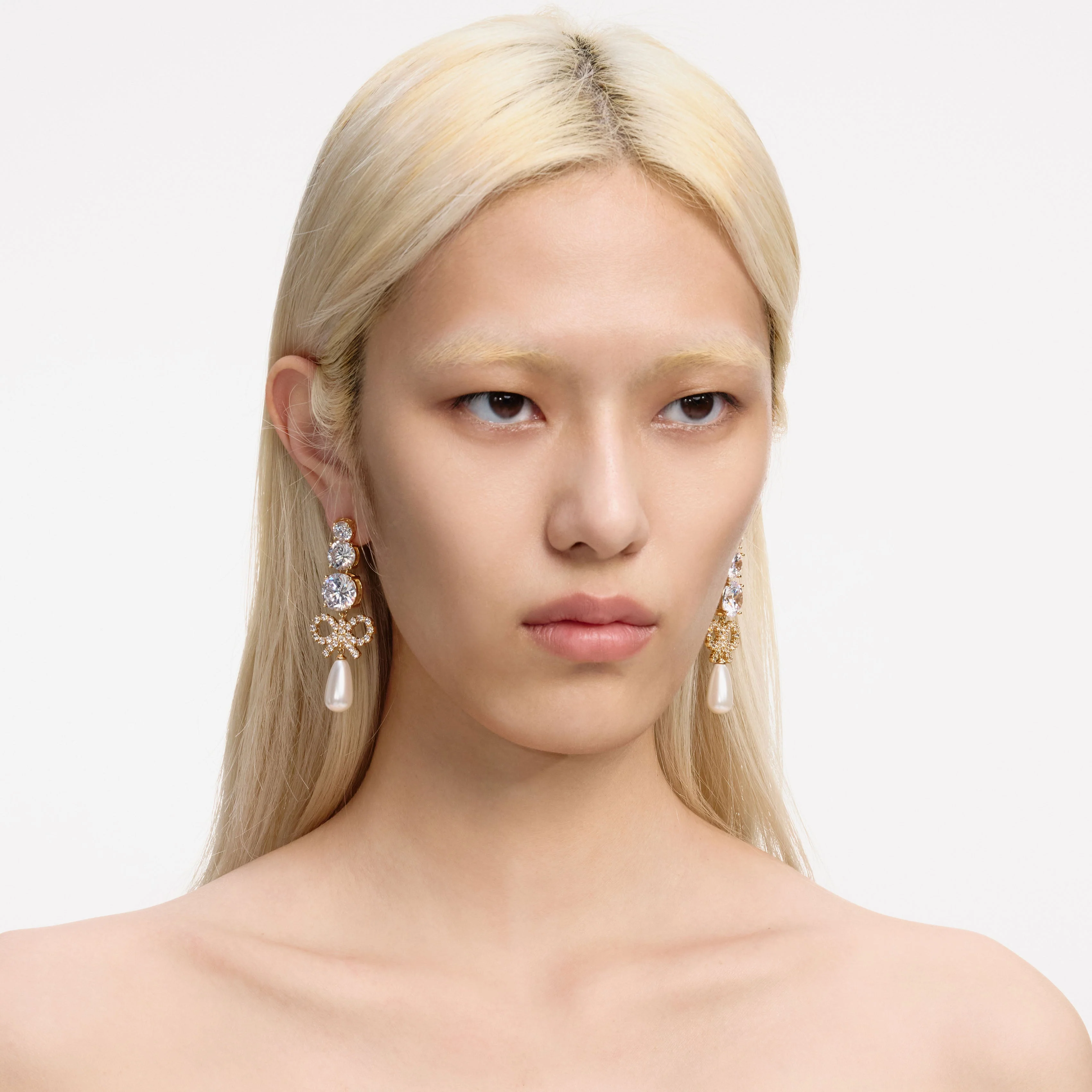 Gold Crystal Bow Pearl Earrings - Image 2
