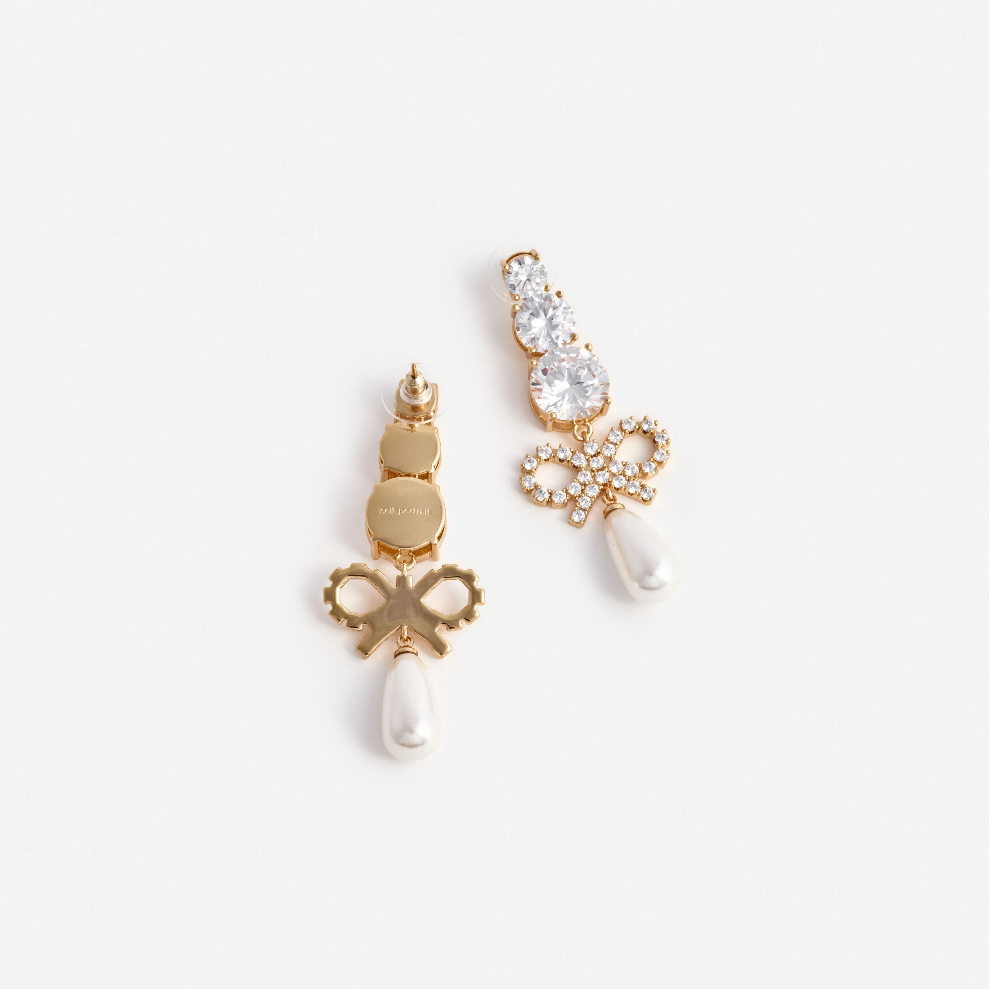 Gold Crystal Bow Pearl Earrings - Image 3