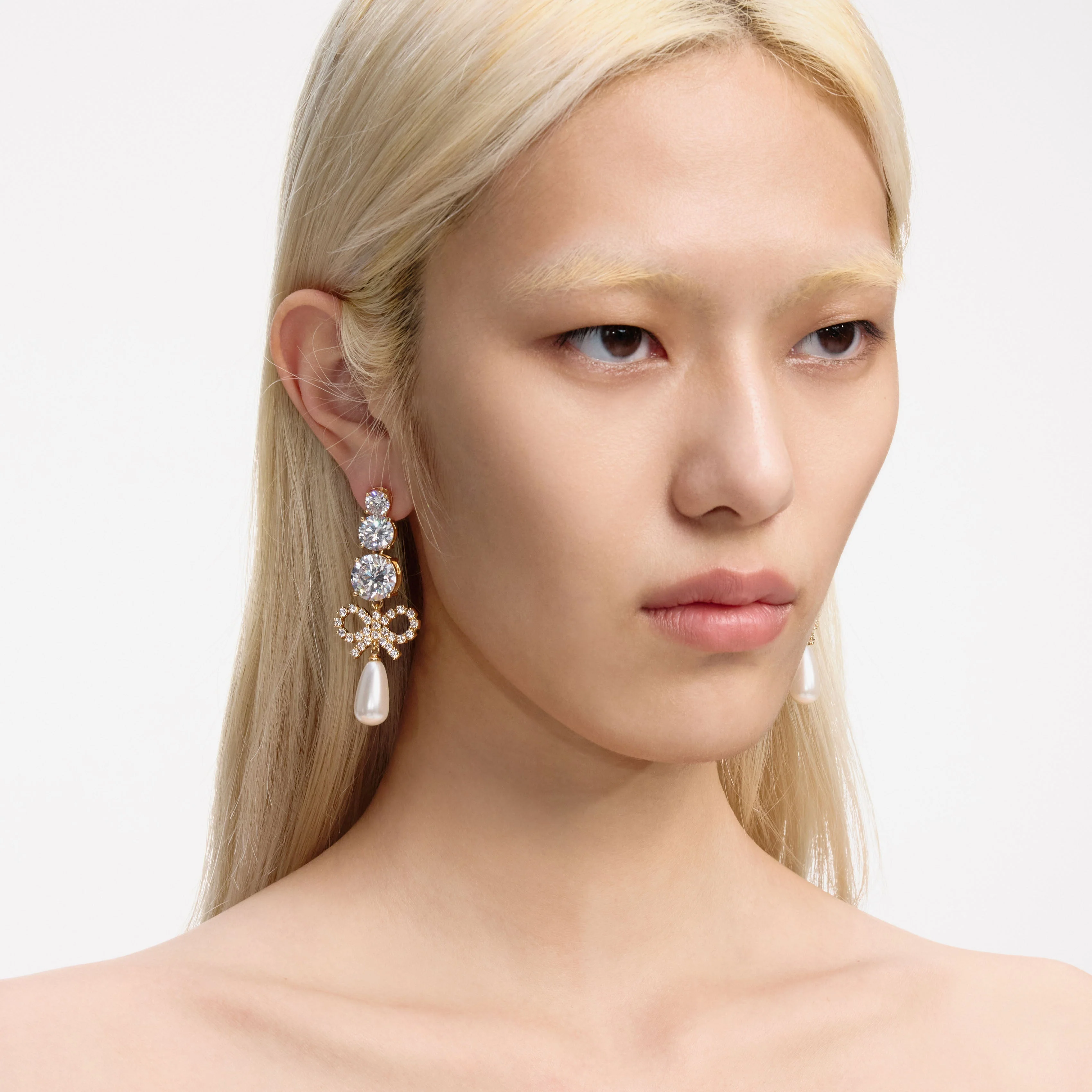 Gold Crystal Bow Pearl Earrings - Image 4