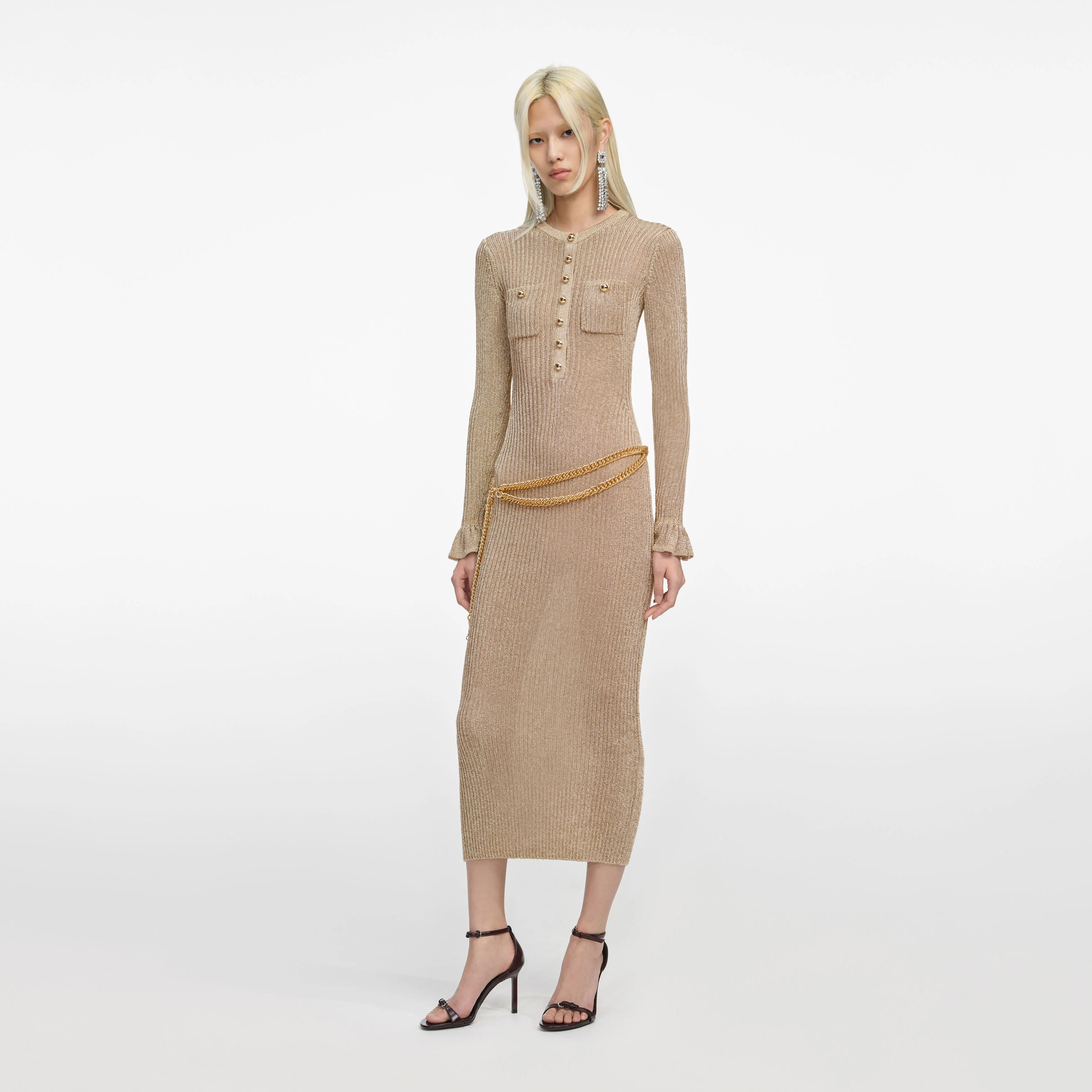 Gold Lurex Ribbed Knit Midi Dress - Image 2