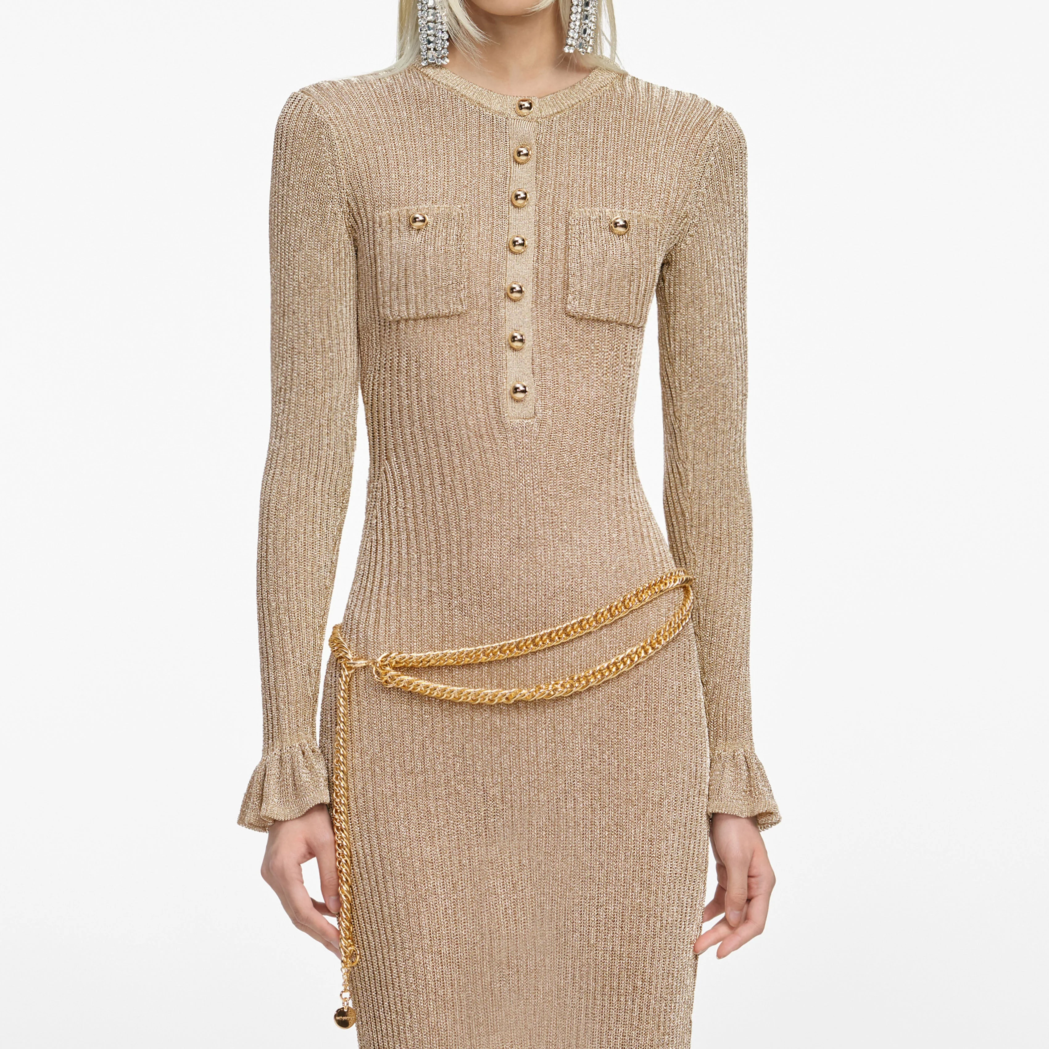 Gold Lurex Ribbed Knit Midi Dress - Image 4
