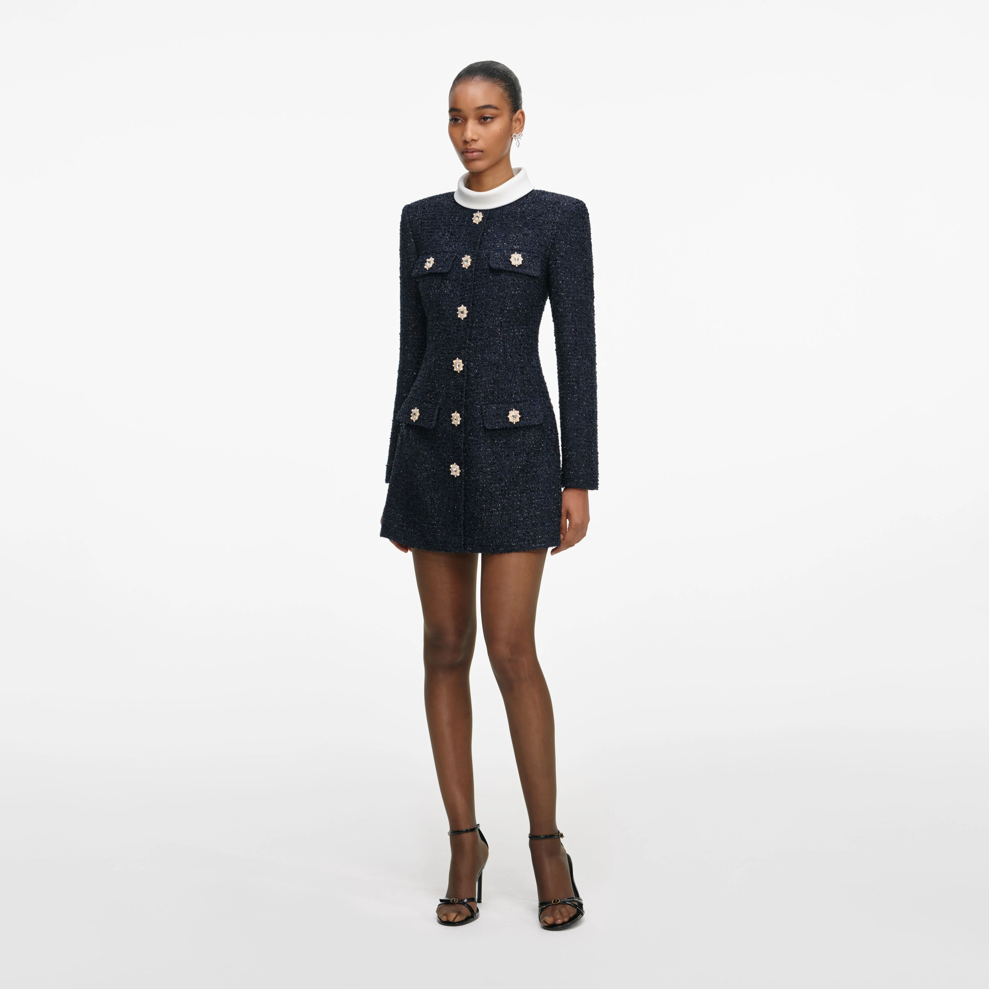 Navy Boucle Long Sleeve Mini Dress - Image 2