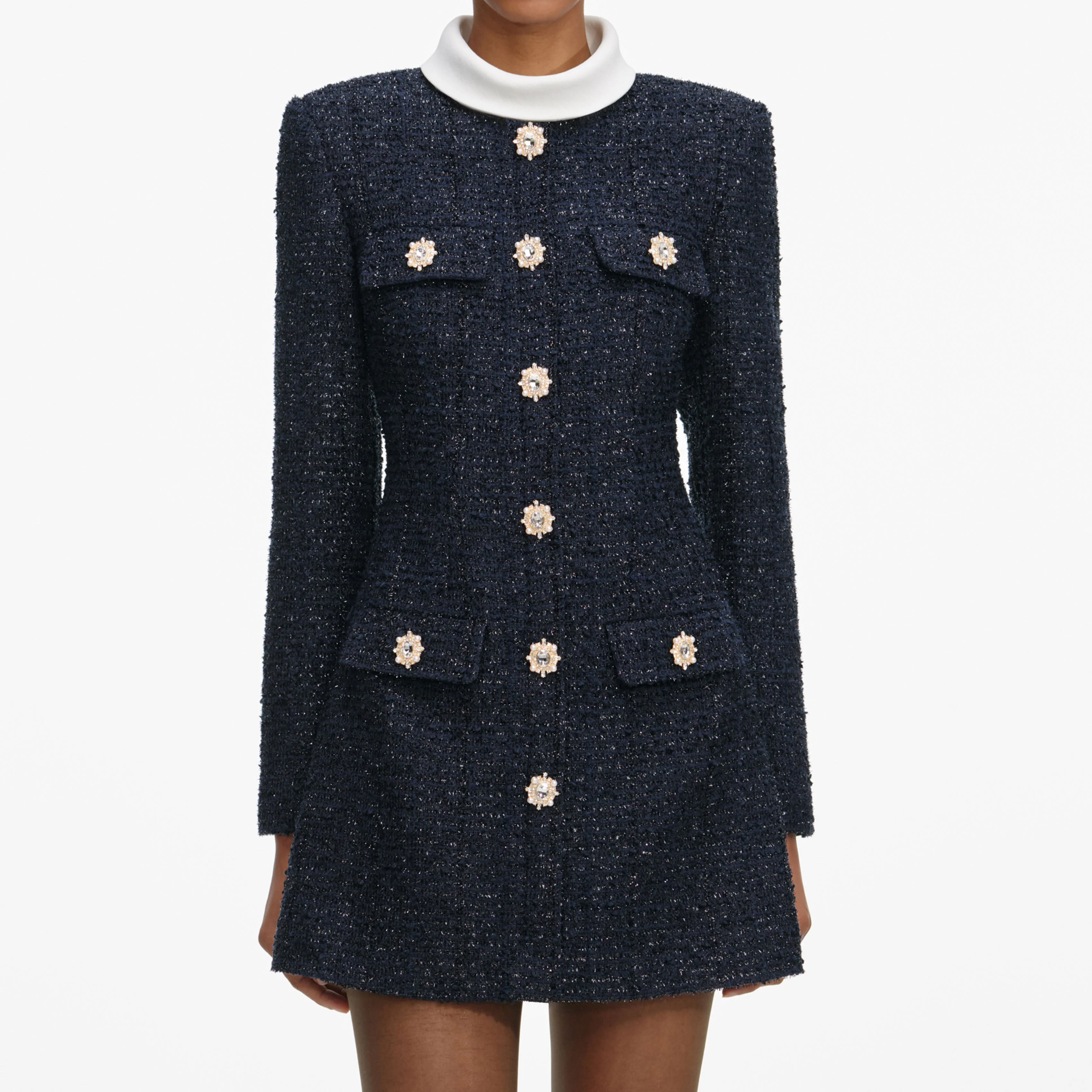 Navy Boucle Long Sleeve Mini Dress - Image 4
