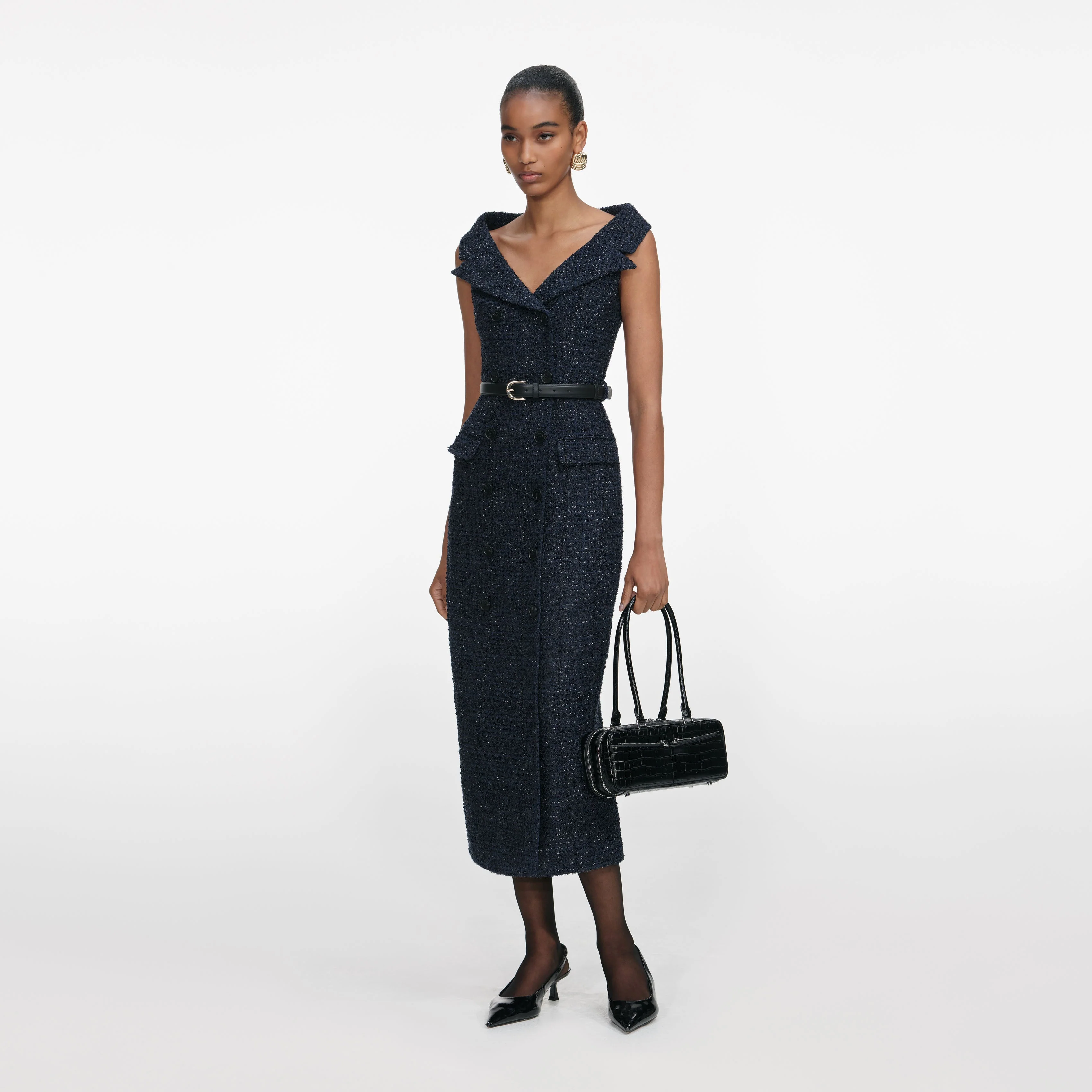 Navy Boucle Midi Dress - Image 2