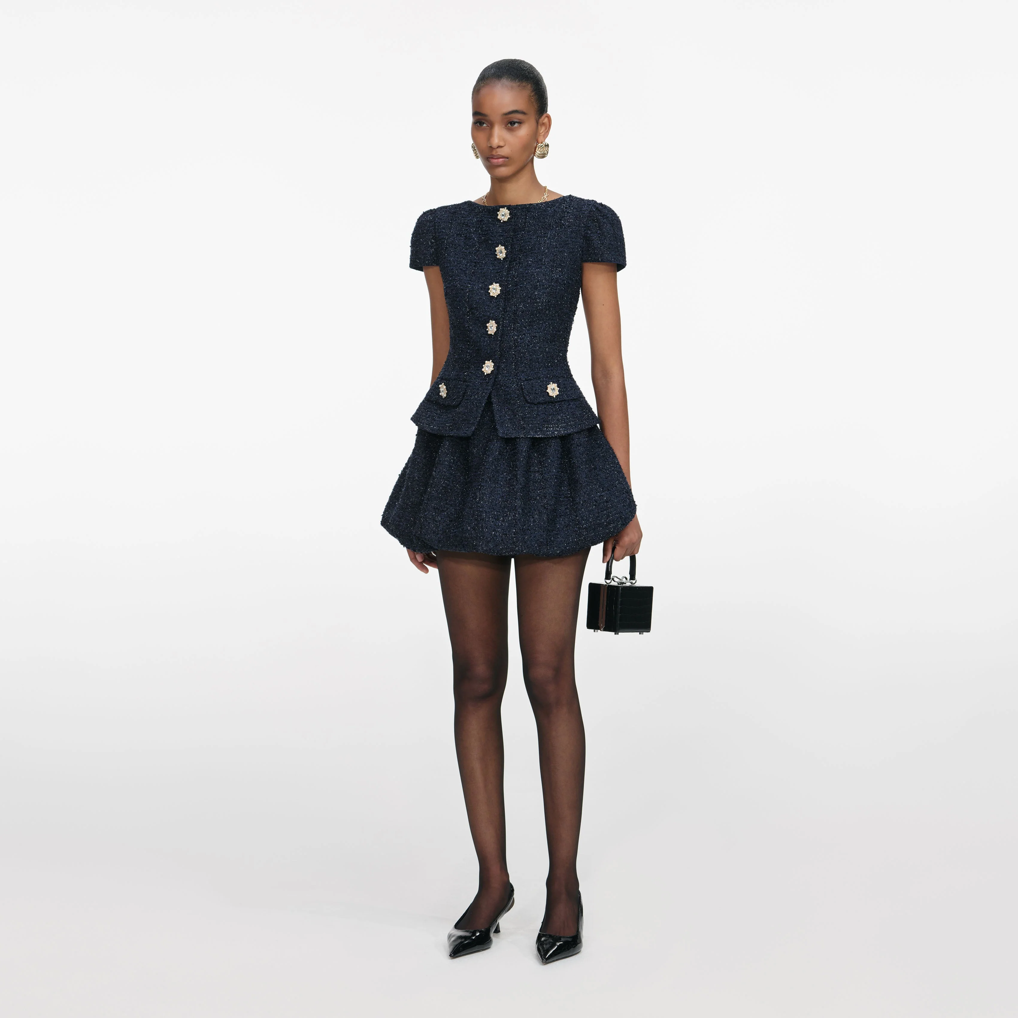 Navy Boucle Mini Dress - Image 2