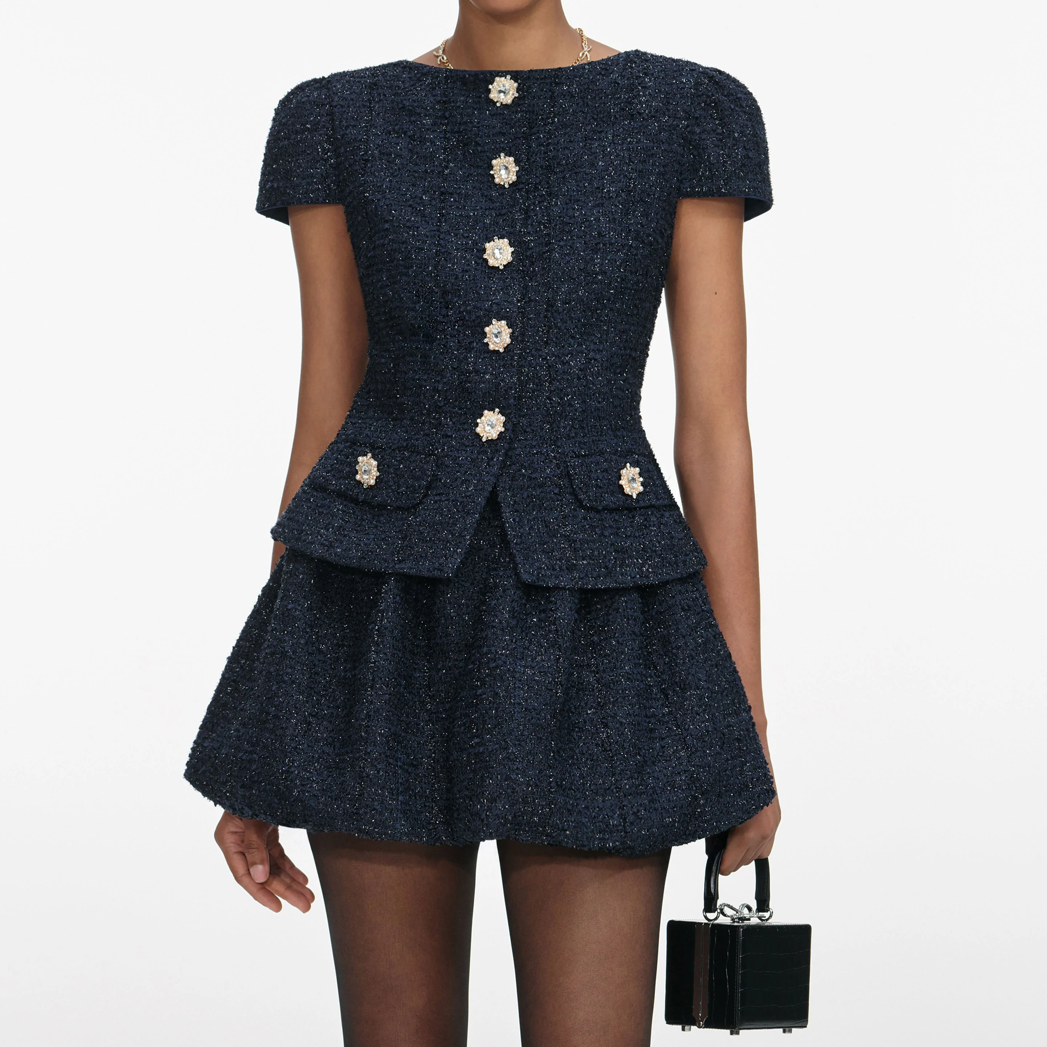 Navy Boucle Mini Dress - Image 4