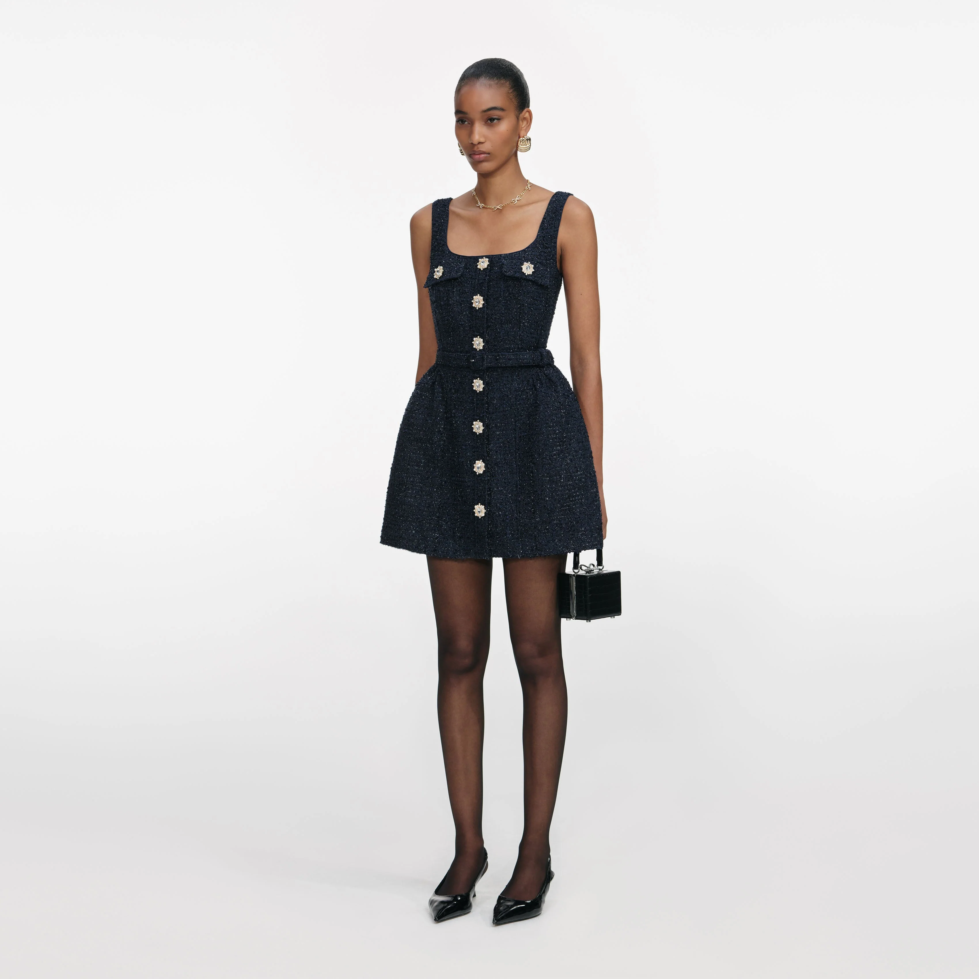 Navy Boucle Sleeveless Mini Dress - Image 2