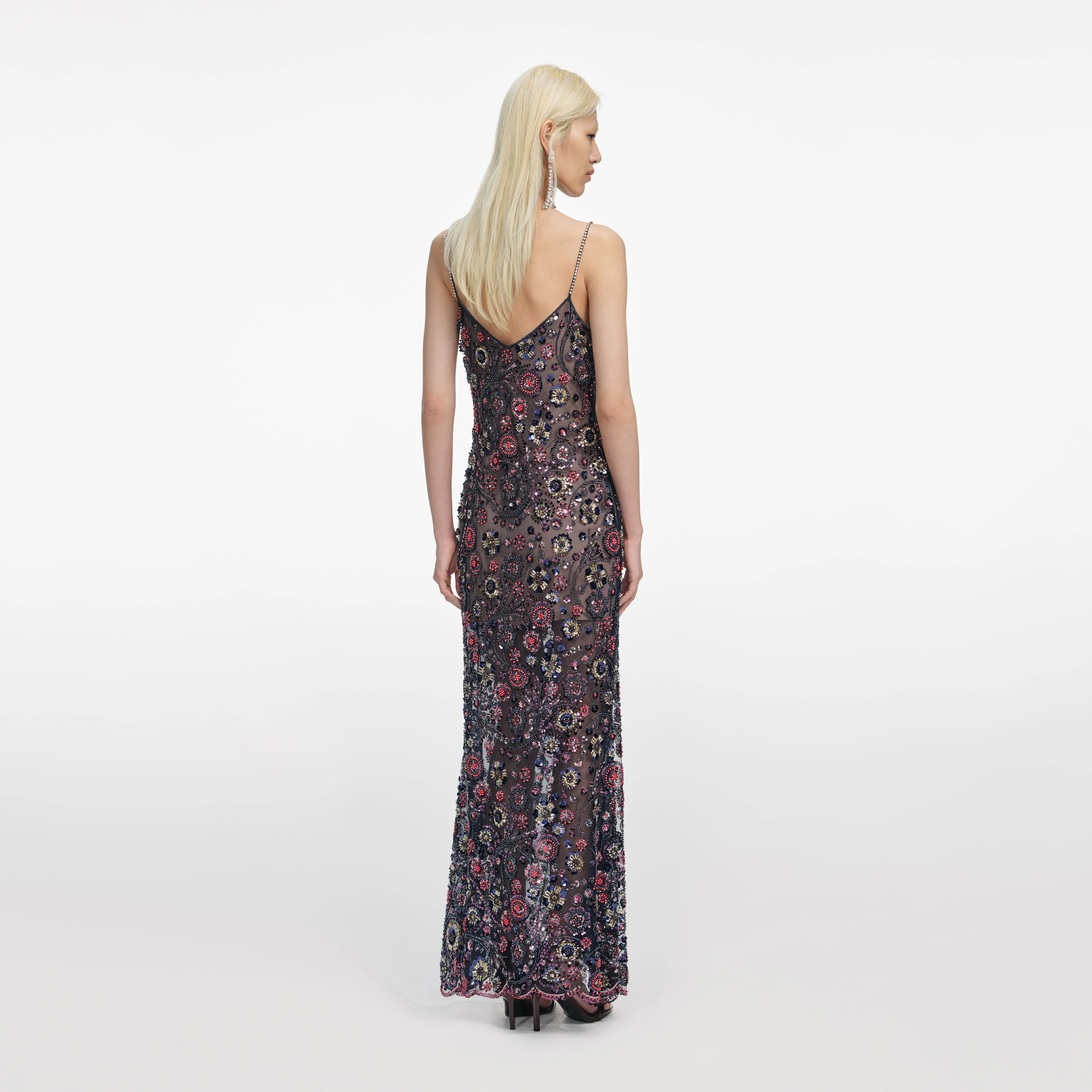 Navy Floral Sequin Maxi Dress - Image 3