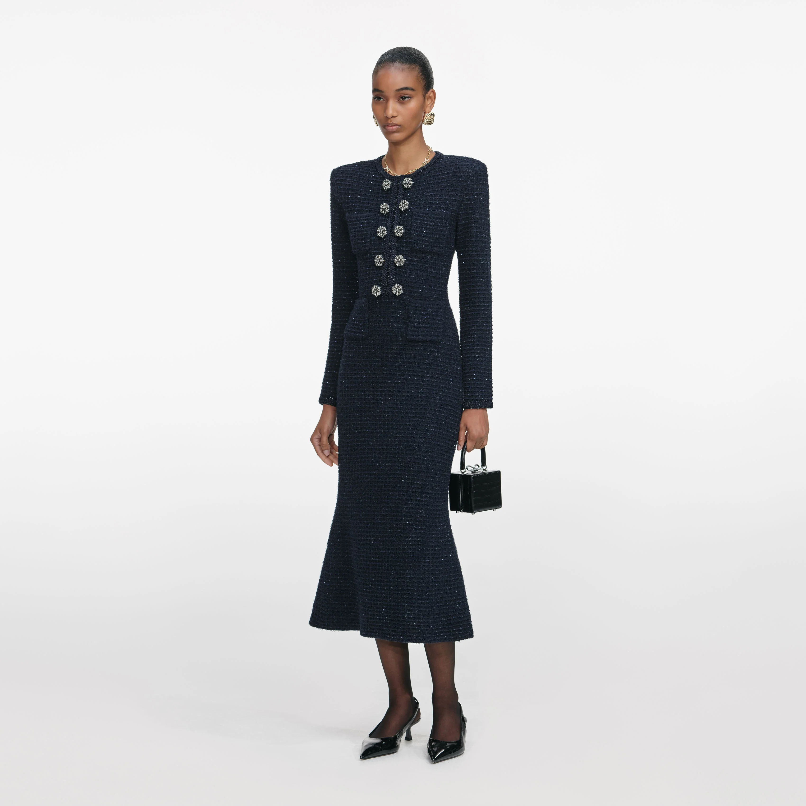 Navy Textured Knit Midi Dress - Image 2