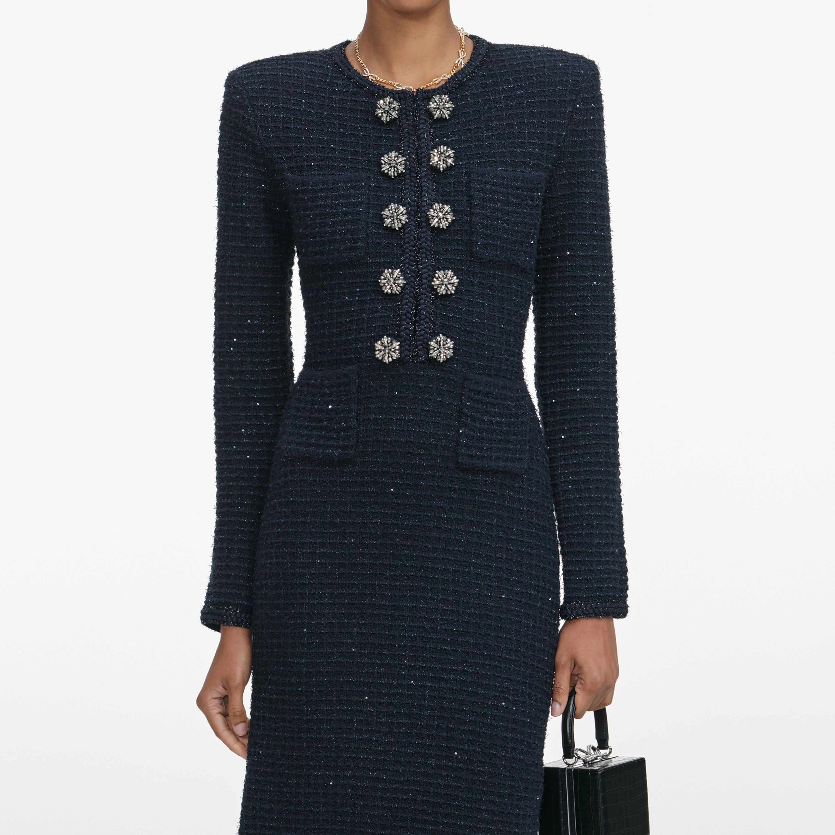 Navy Textured Knit Midi Dress - Image 4