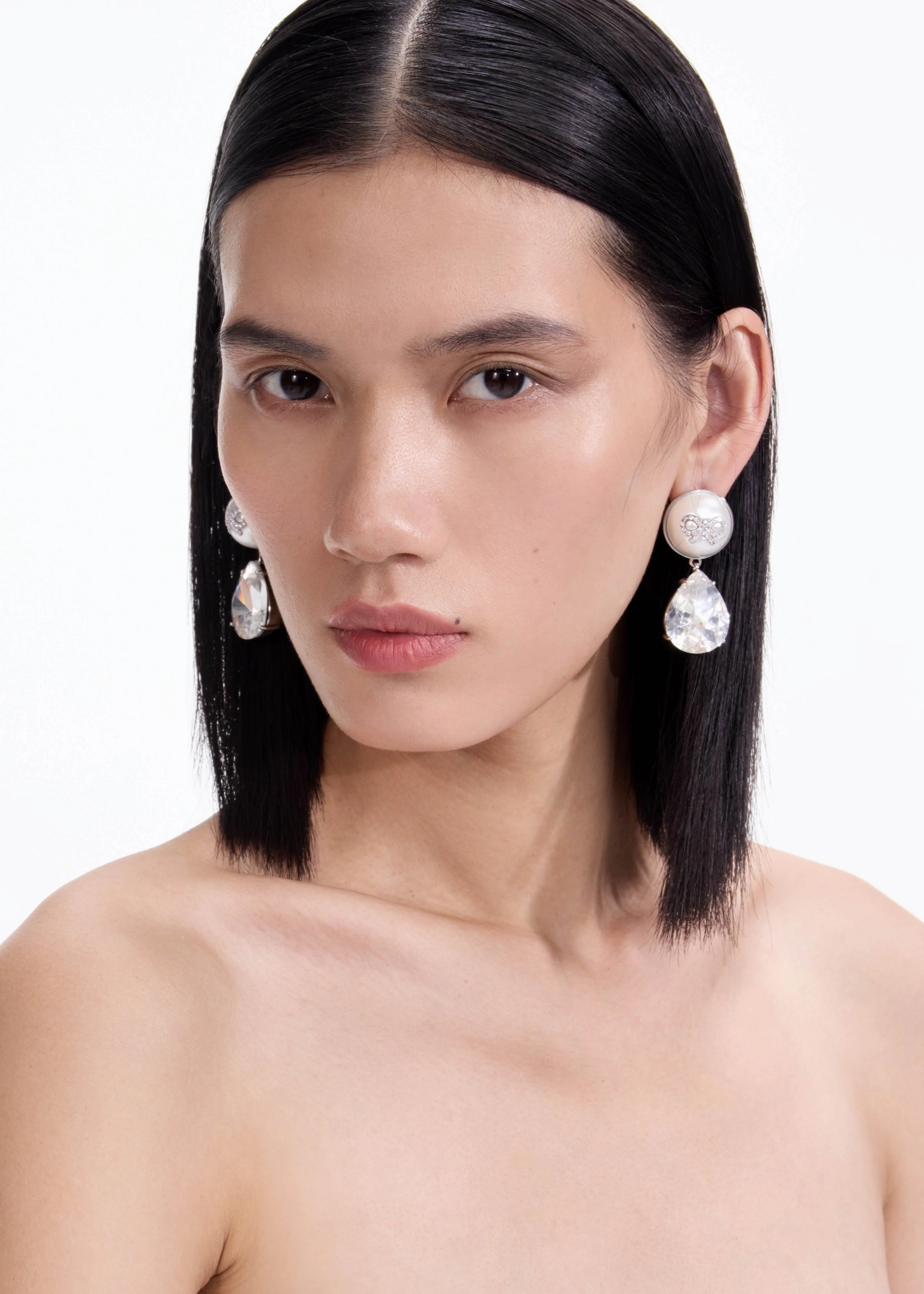 Bow Pearl Crystal Droplet Earrings - Image 2