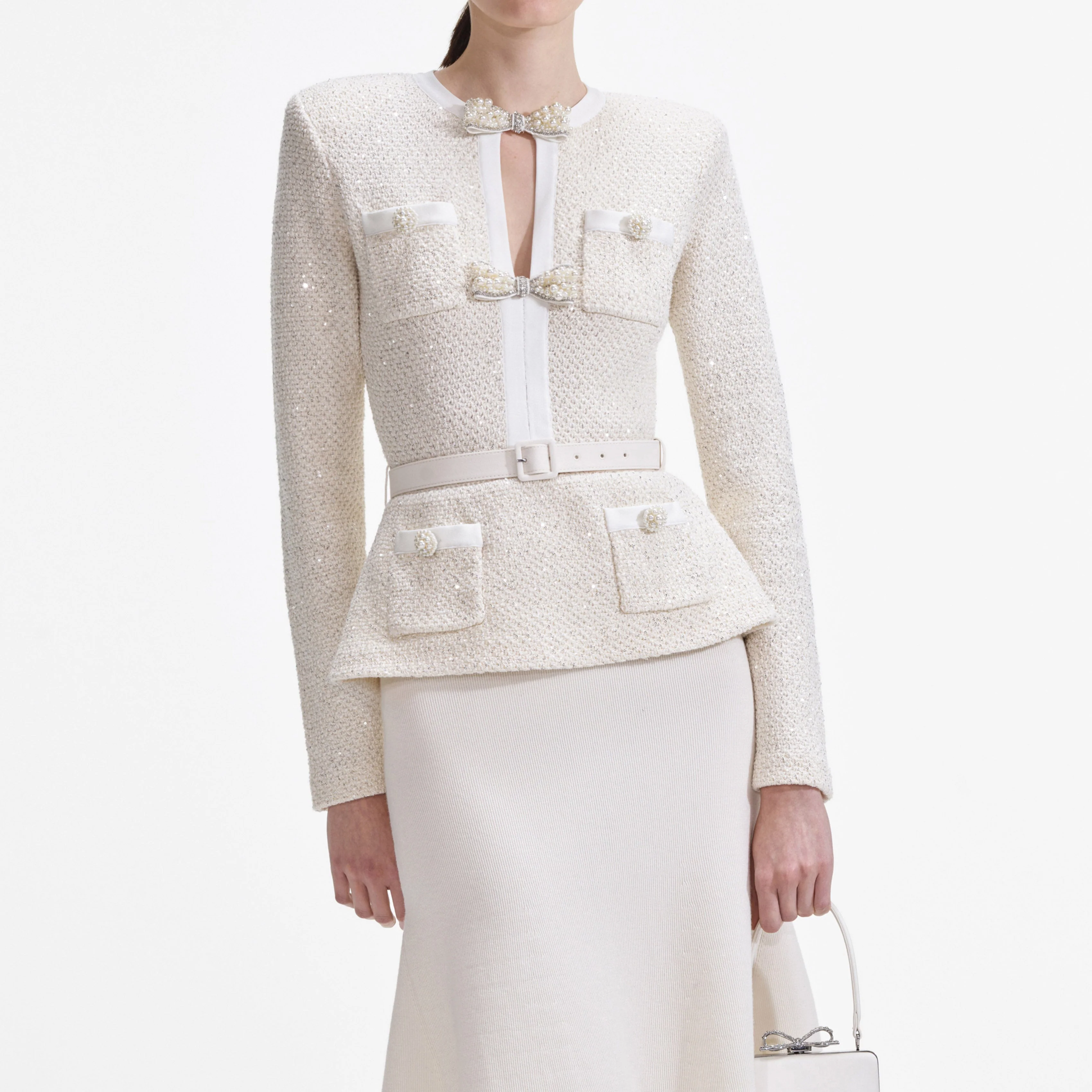 Cream Sequin Knit Tailored Midi Dress - Image 4