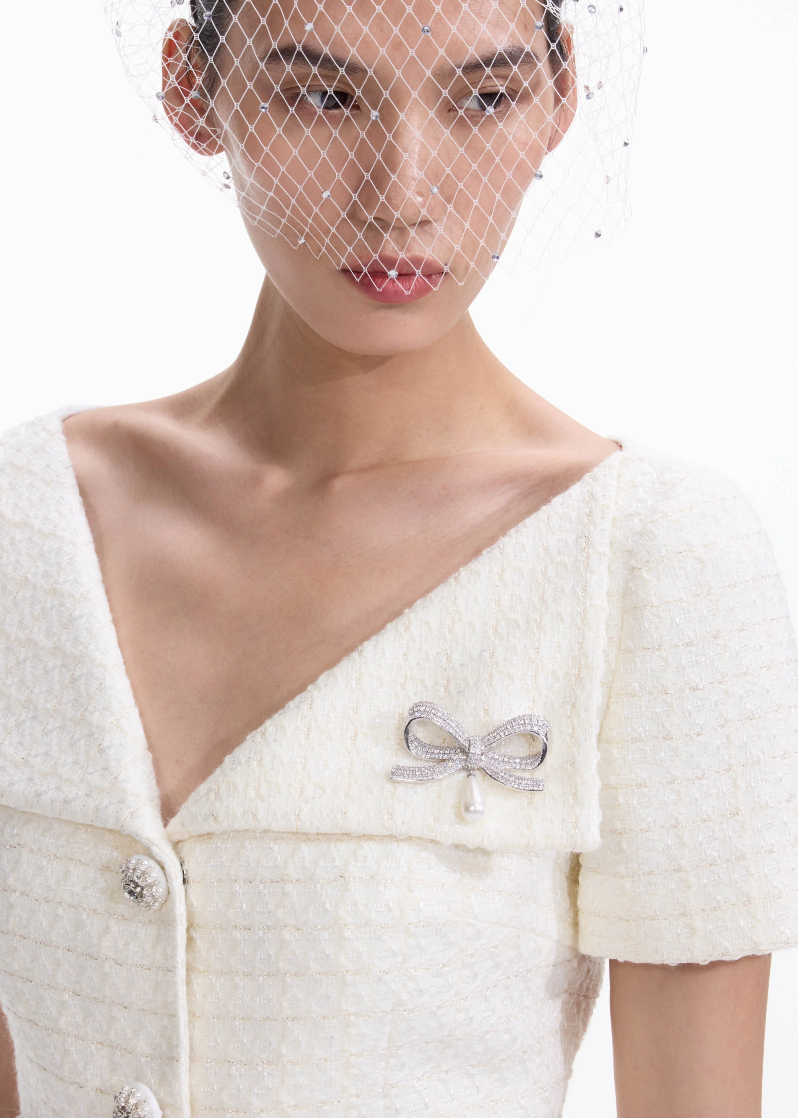 Crystal Bow Pearl Droplet Brooch - Image 2