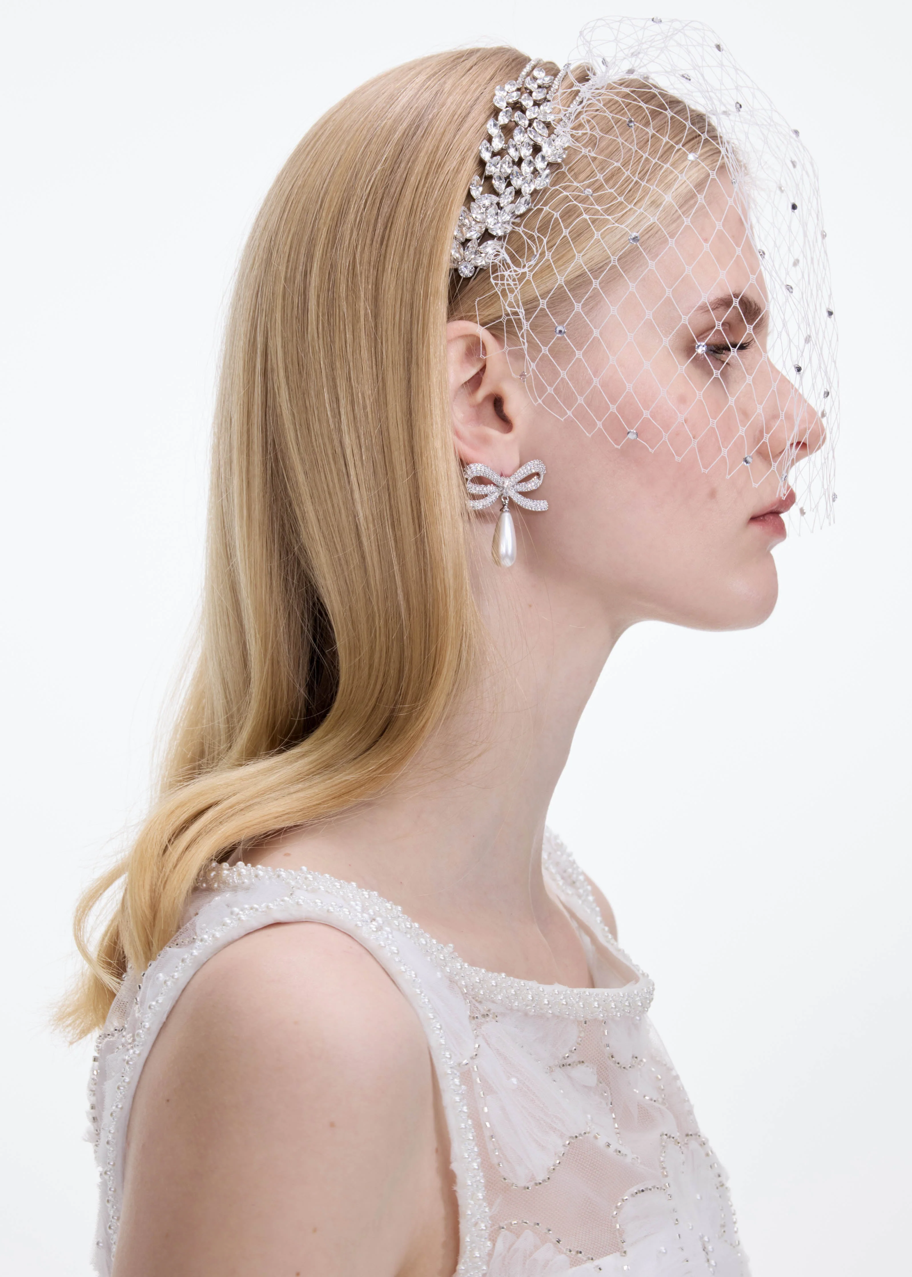 Crystal Bow Pearl Droplet Earrings - Image 2