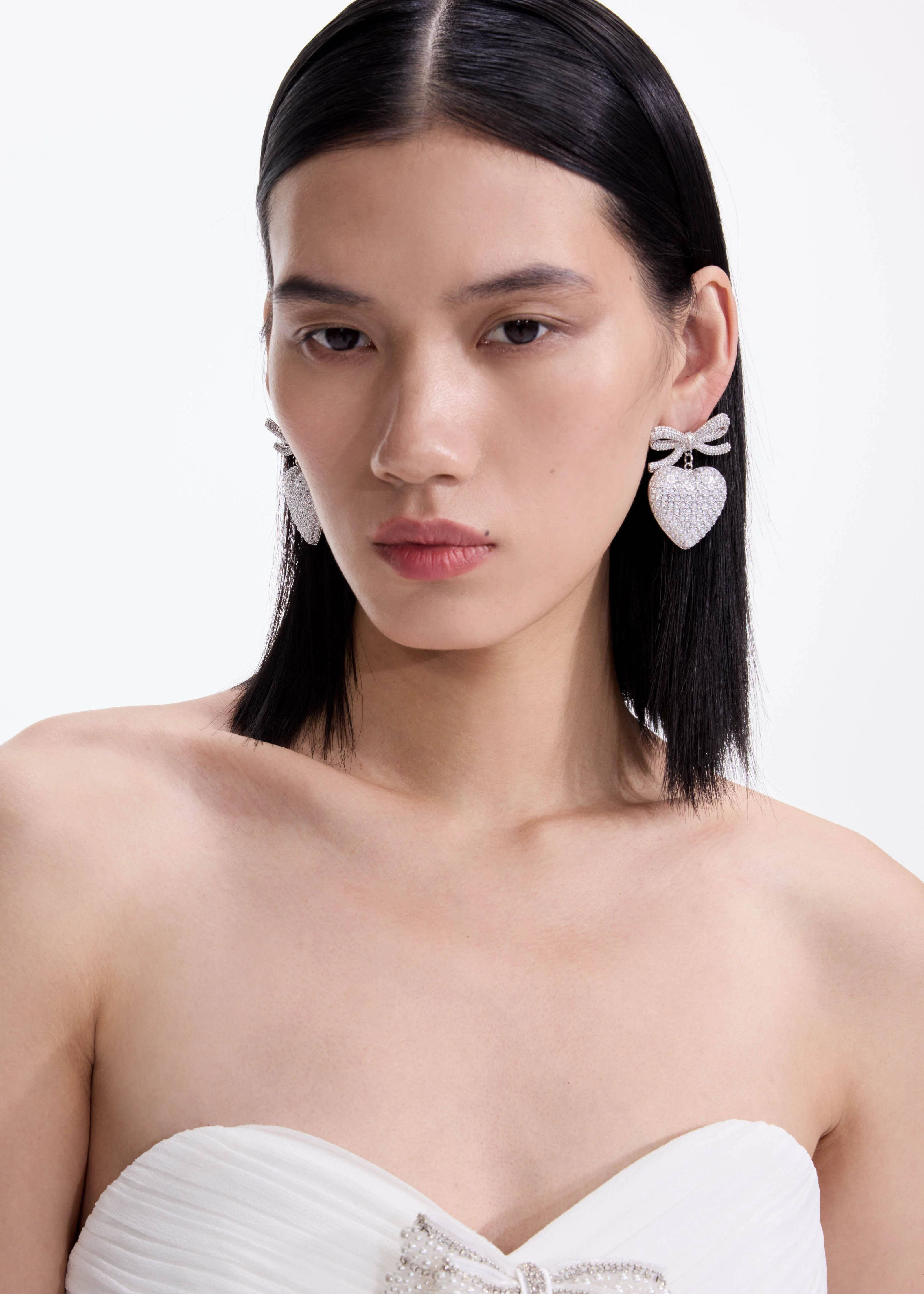 Crystal Bow Pearl Heart Earrings - Image 2