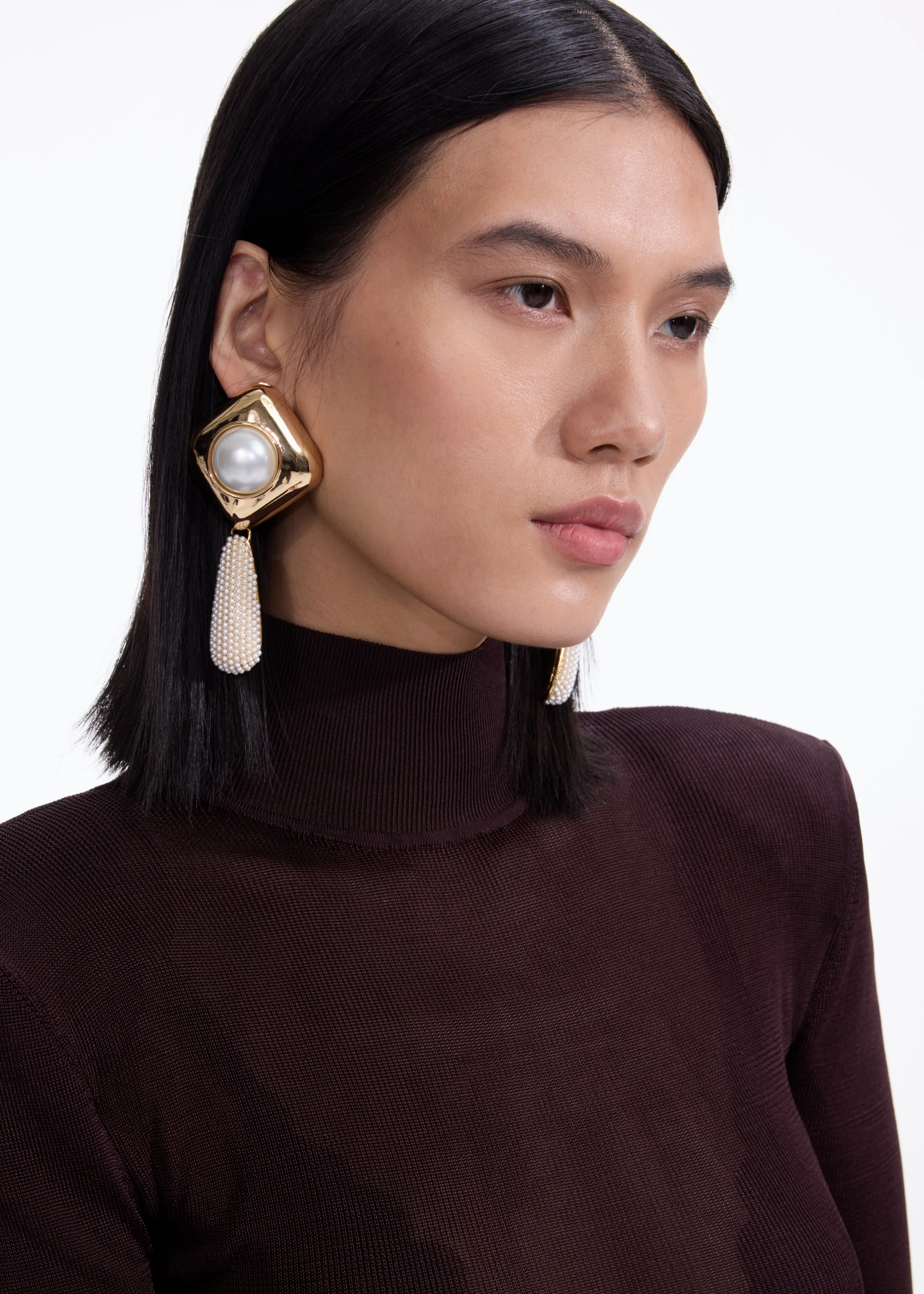 Gold Pearl Crystal Bar Earrings - Image 2