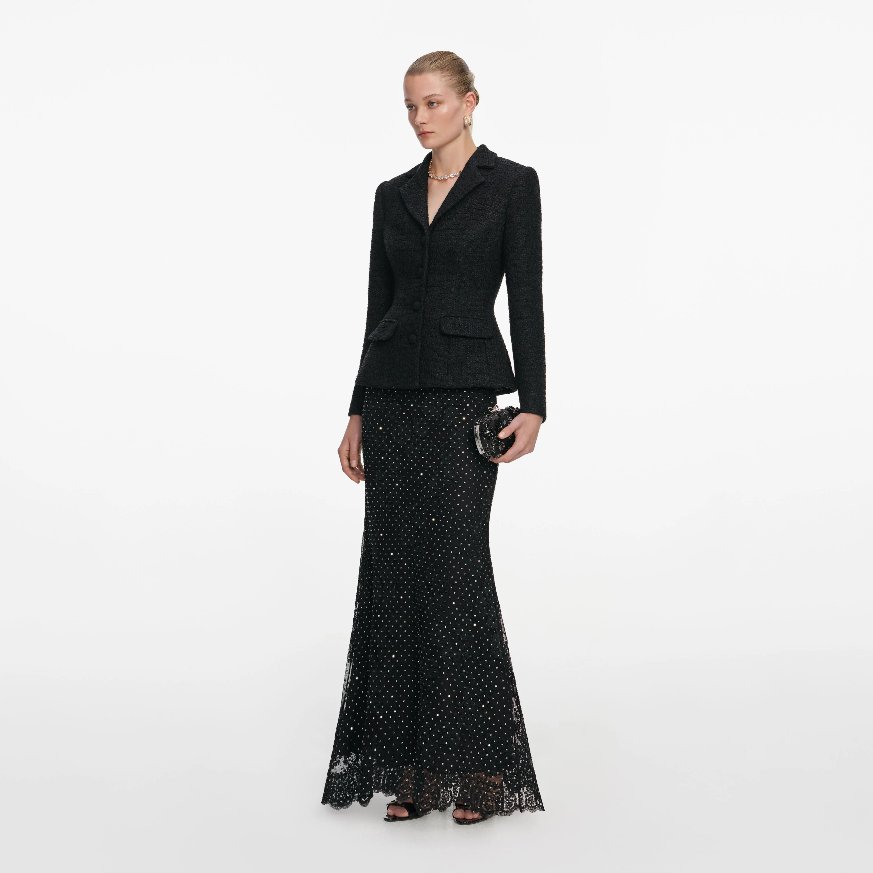 Black Boucle Rhinestone Lace Maxi Dress - Image 2