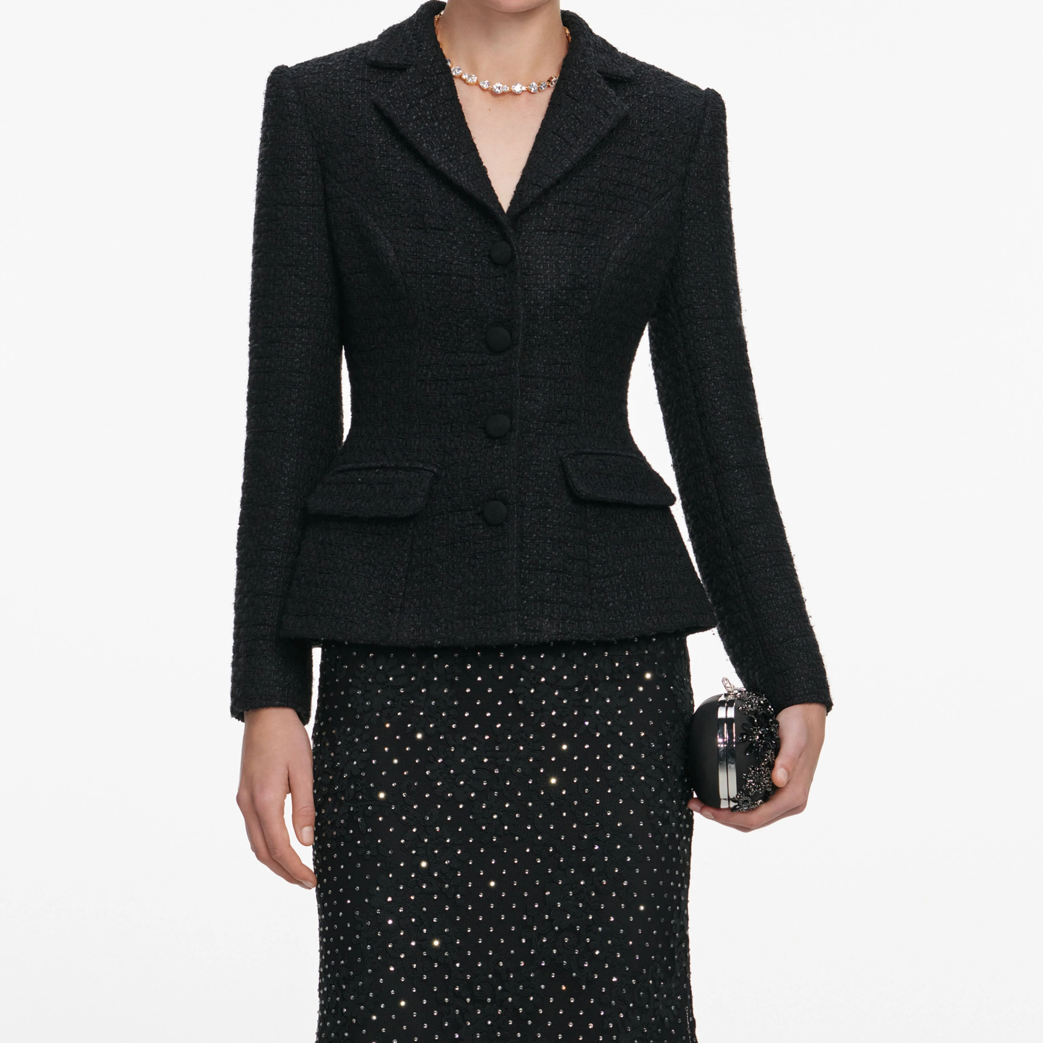 Black Boucle Rhinestone Lace Maxi Dress - Image 4