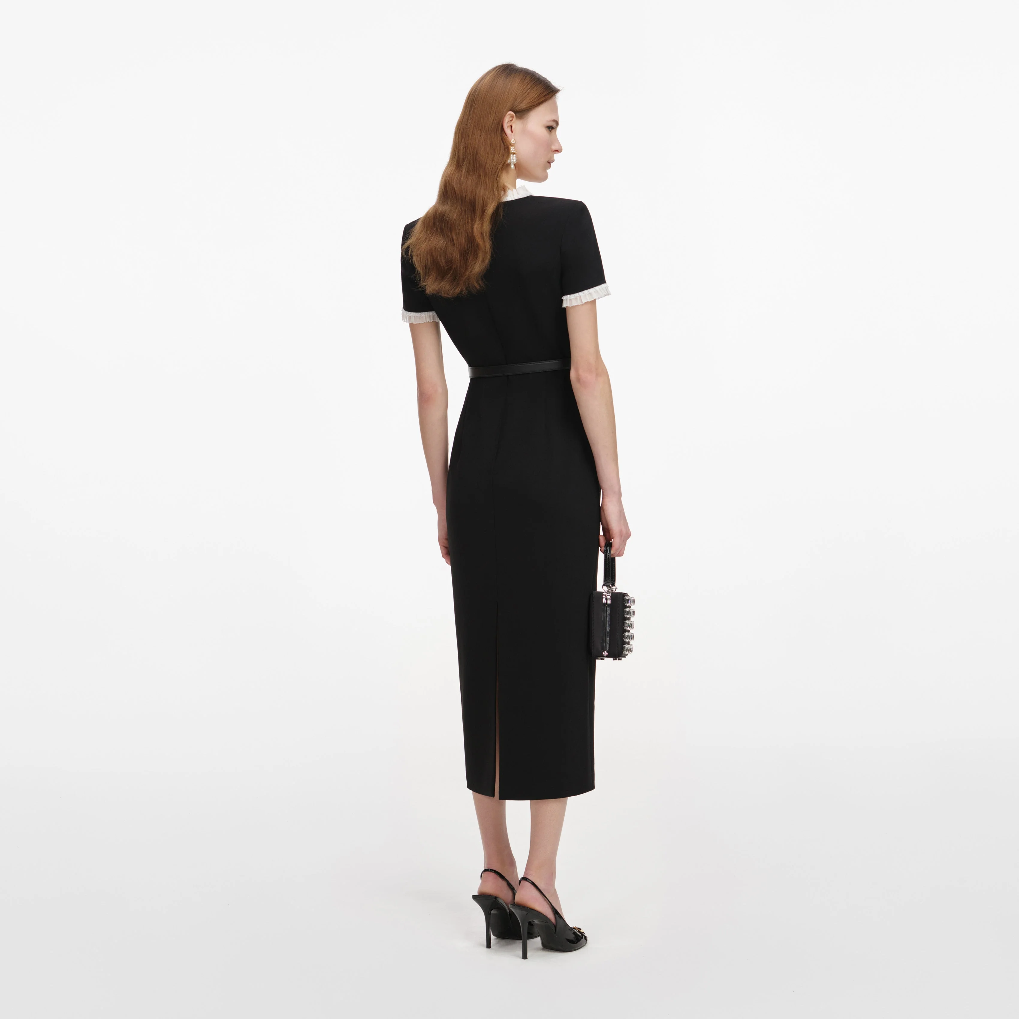 Black Crepe Contrast Frill Midi Dress - Image 3