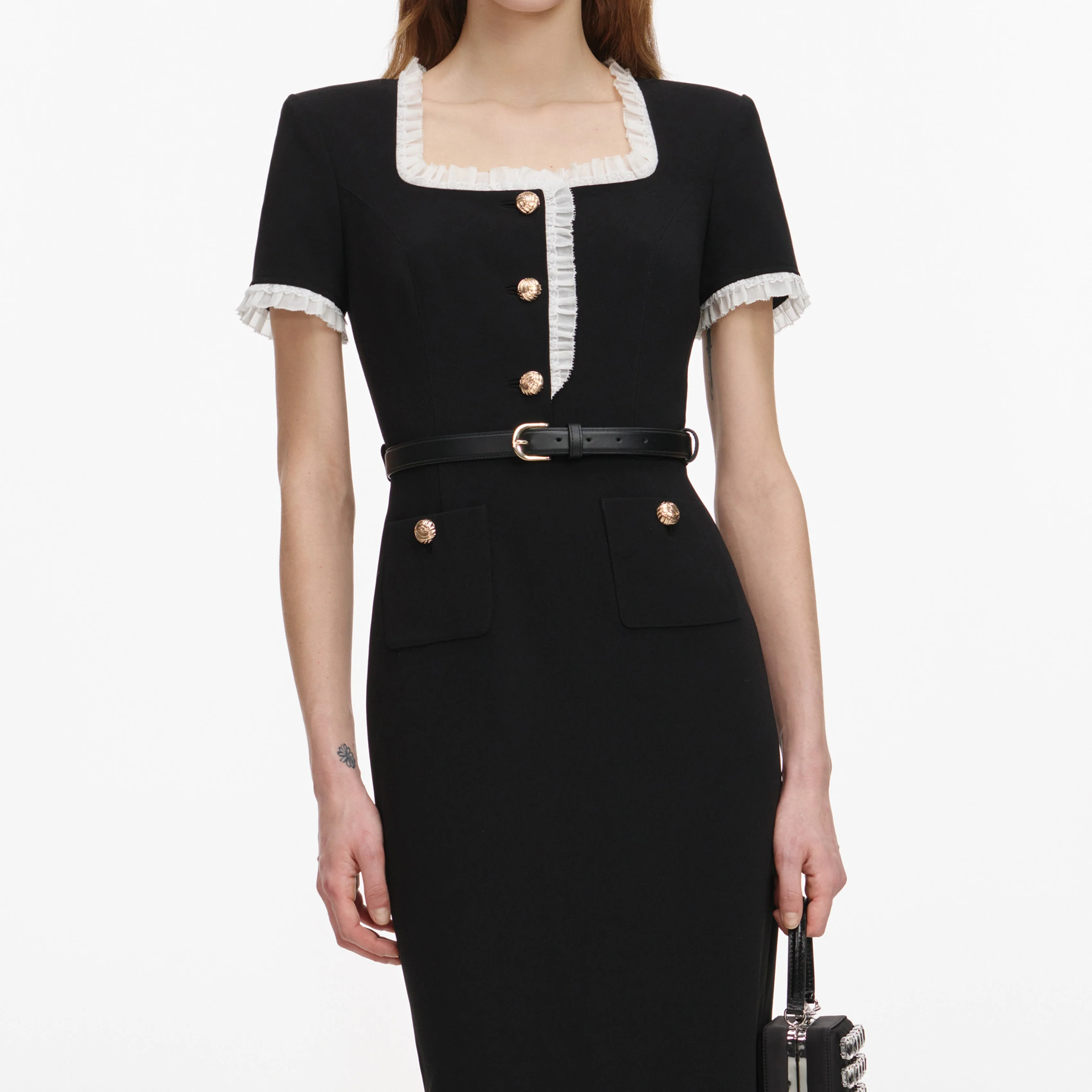 Black Crepe Contrast Frill Midi Dress - Image 4